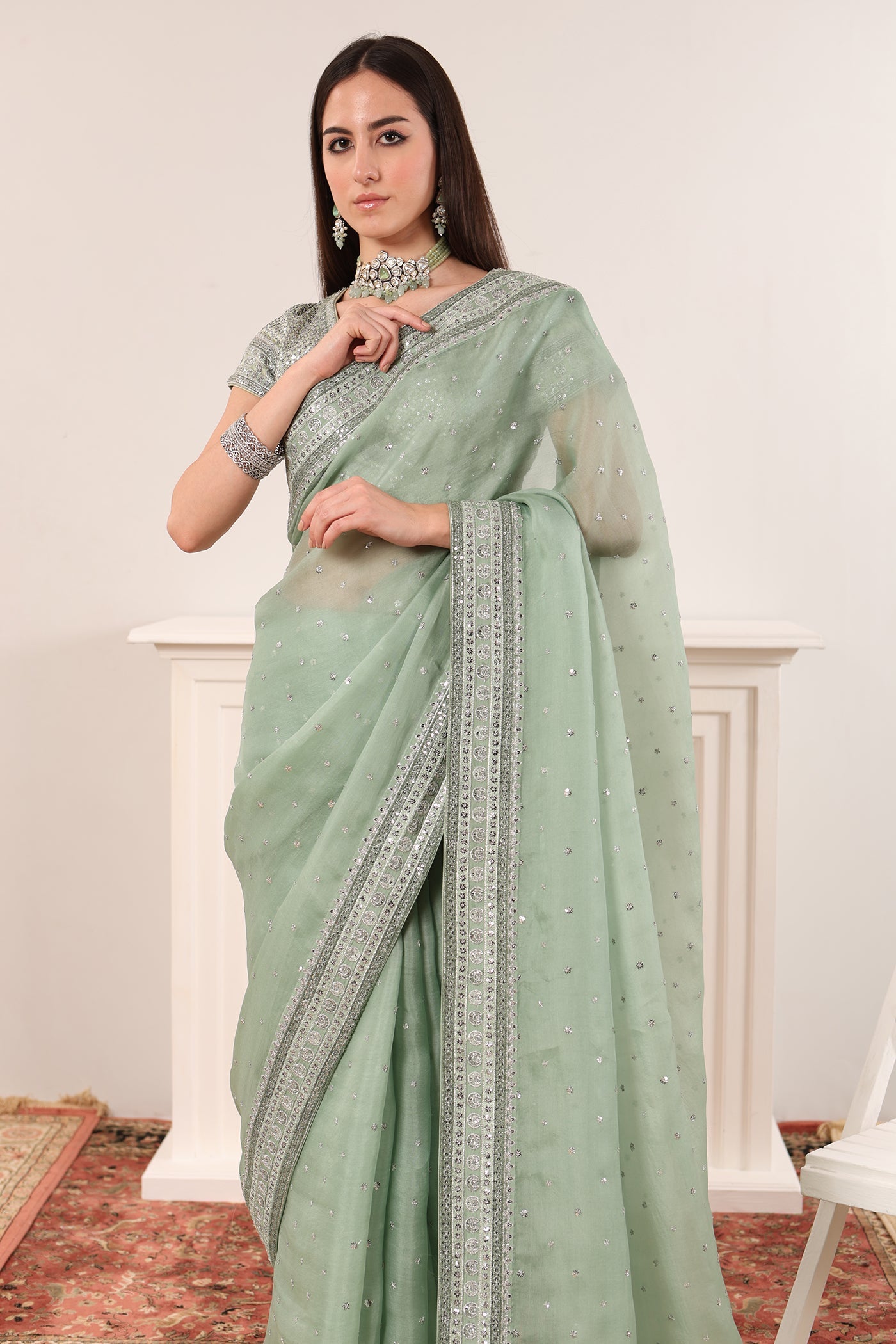 Fern-Green Embroidered Chaand-Buta Pure Silk-Organza Saree-Blouse Set