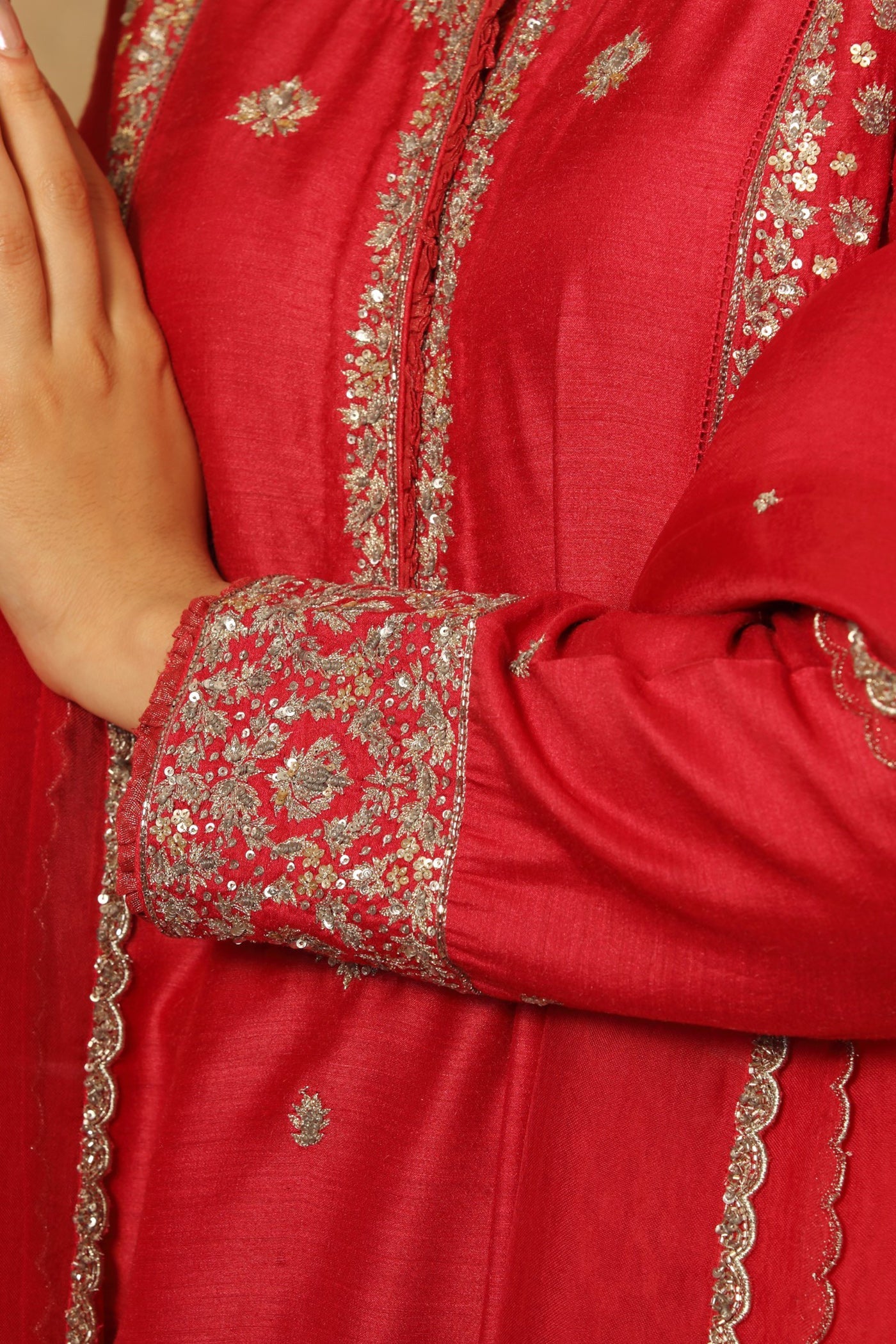 Hand Embroidered Crimson Pink Pure Silk Cotton Kurta Pants Set