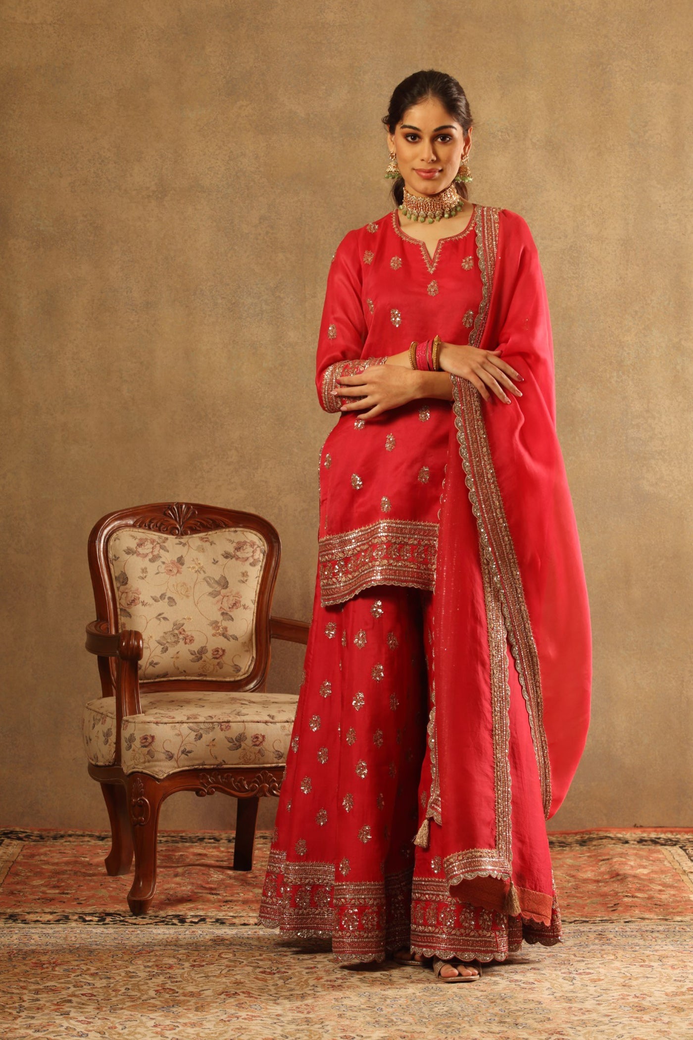 Hand Embroidered Carmine Pink Pure Silk Organza Kurta Sharara Set