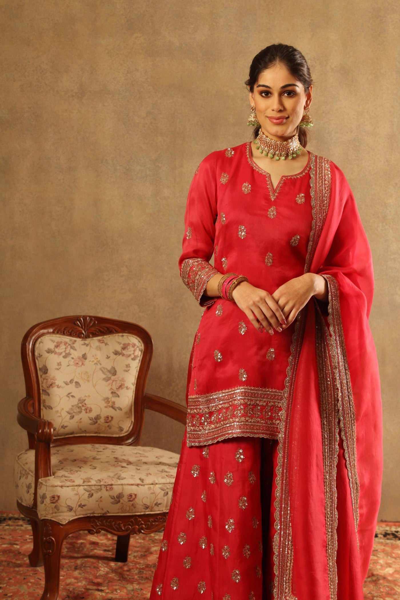 Hand Embroidered Carmine Pink Pure Silk Organza Kurta Sharara Set