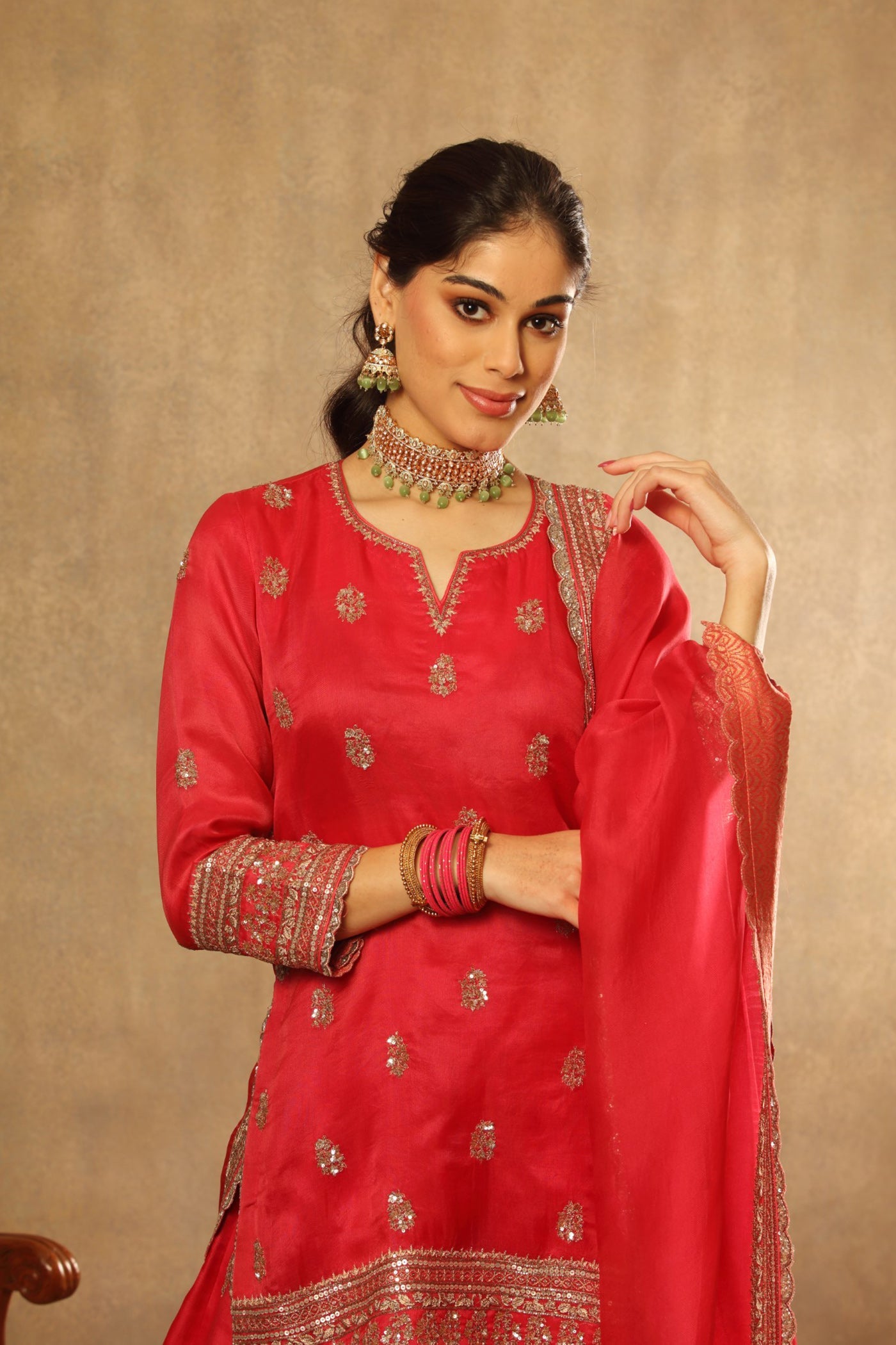 Hand Embroidered Carmine Pink Pure Silk Organza Kurta Sharara Set