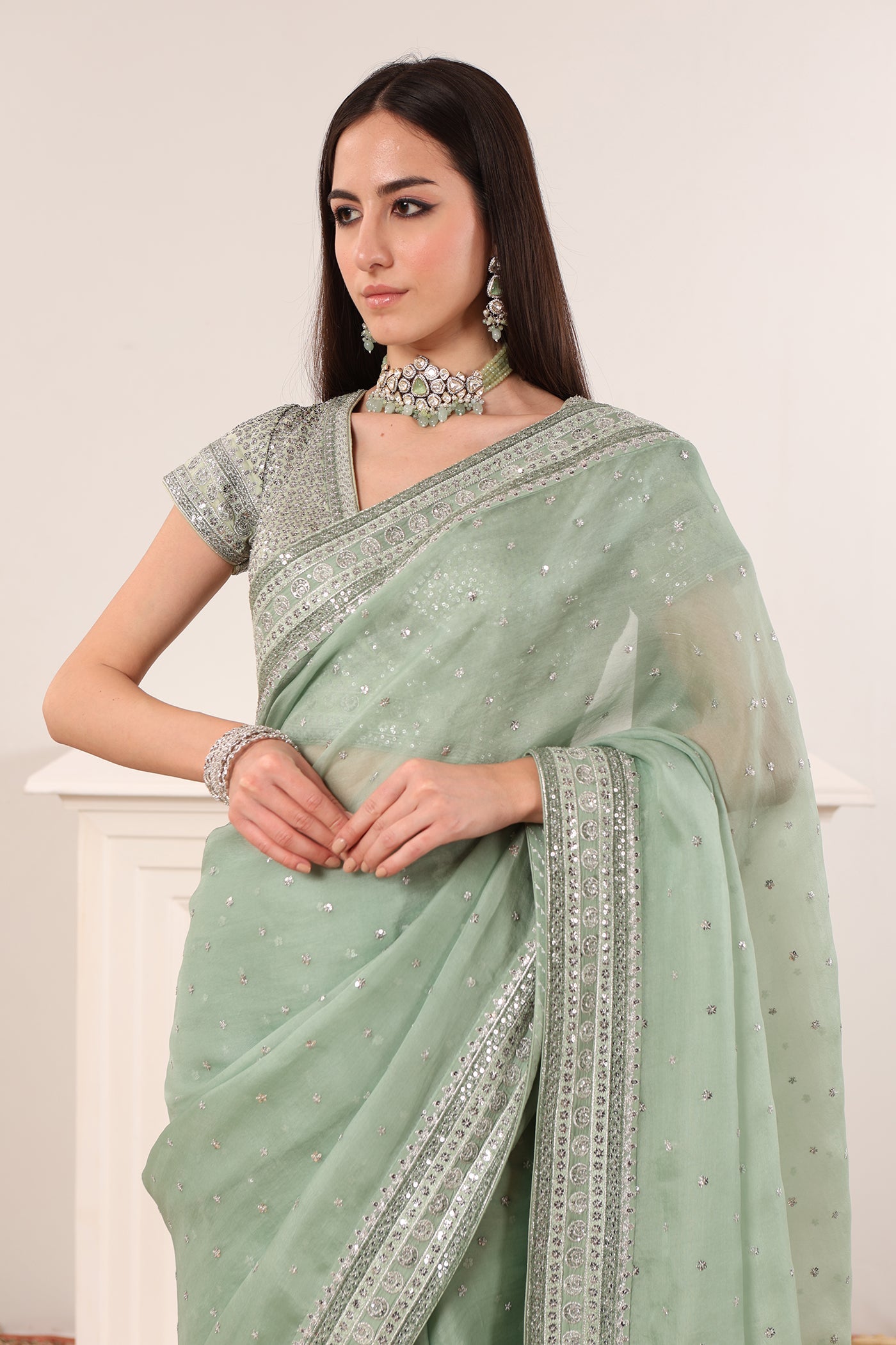 Fern-Green Embroidered Chaand-Buta Pure Silk-Organza Saree-Blouse Set