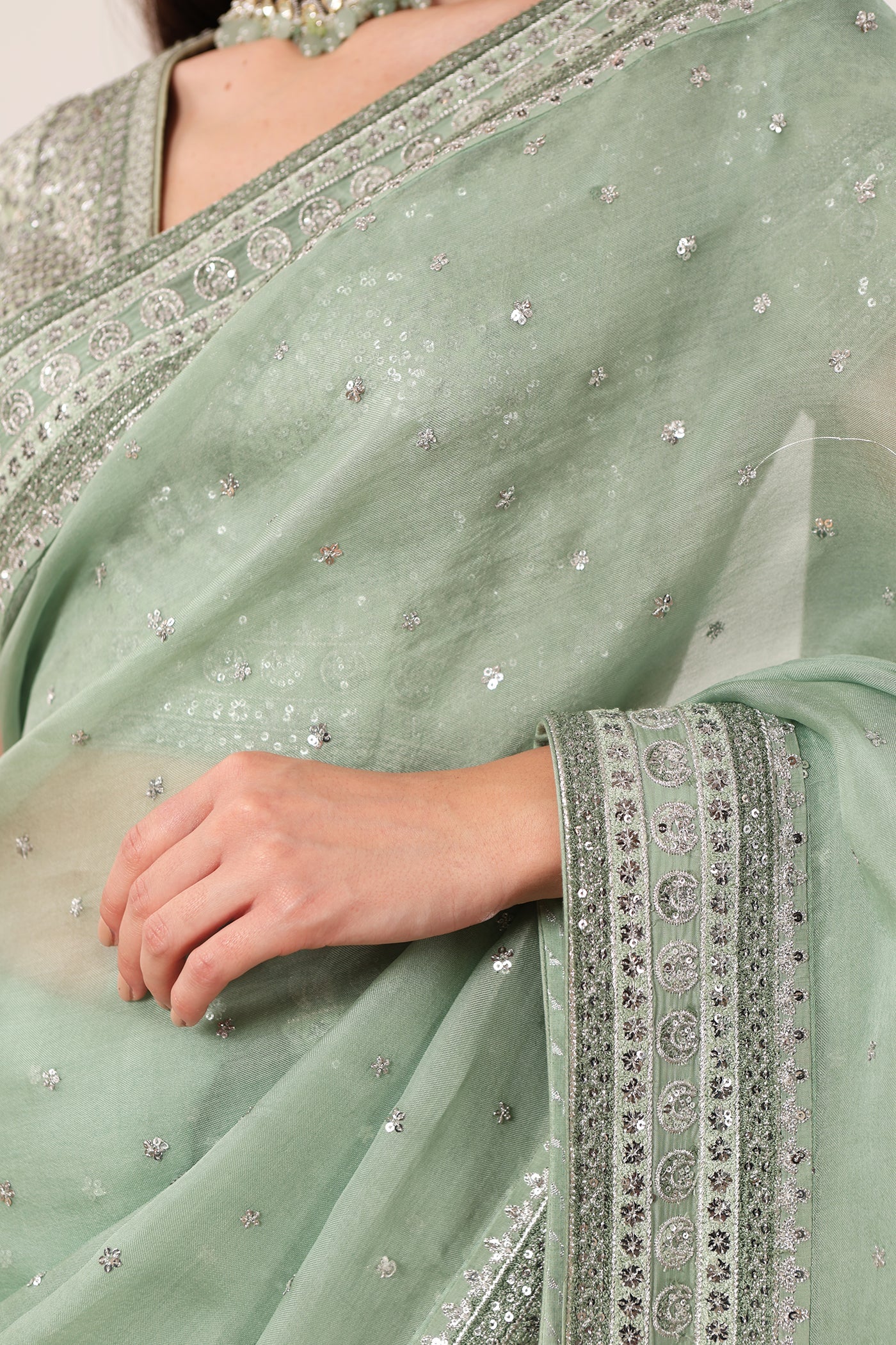 Fern-Green Embroidered Chaand-Buta Pure Silk-Organza Saree-Blouse Set