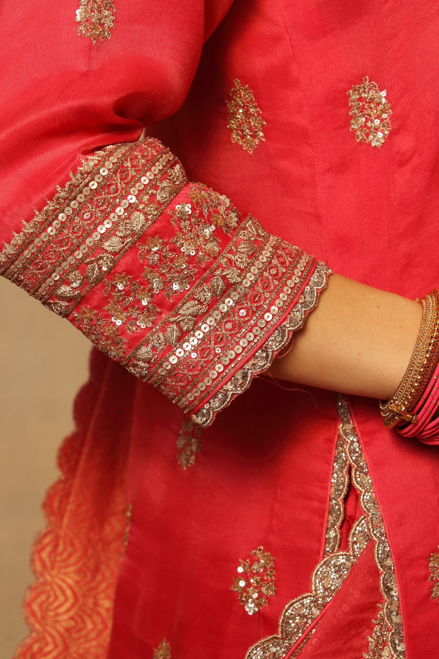 Hand Embroidered Carmine Pink Pure Silk Organza Kurta Sharara Set