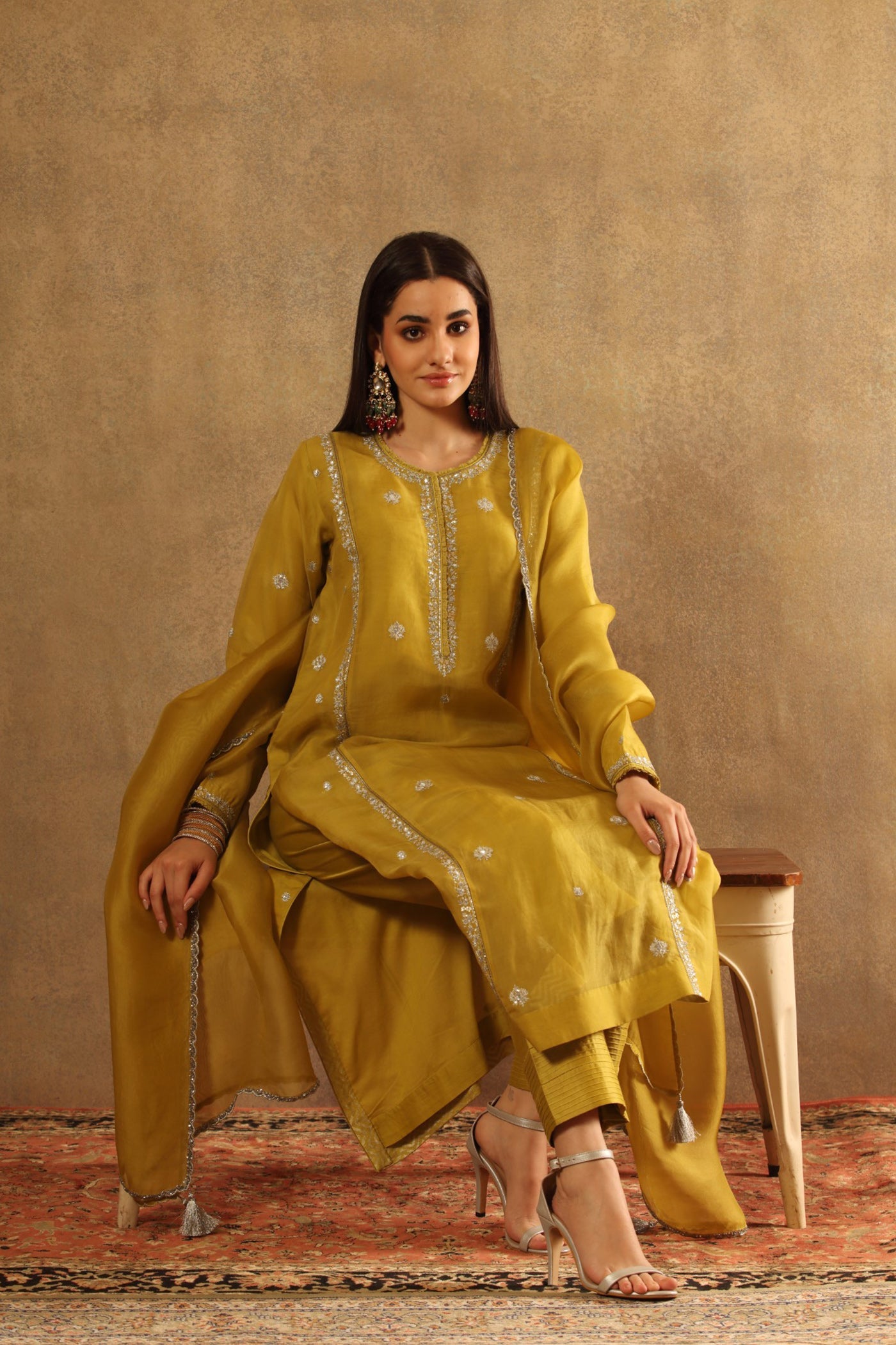 Hand Embroidered Dusty Lime Pure Katan Silk Kurta Pants Set