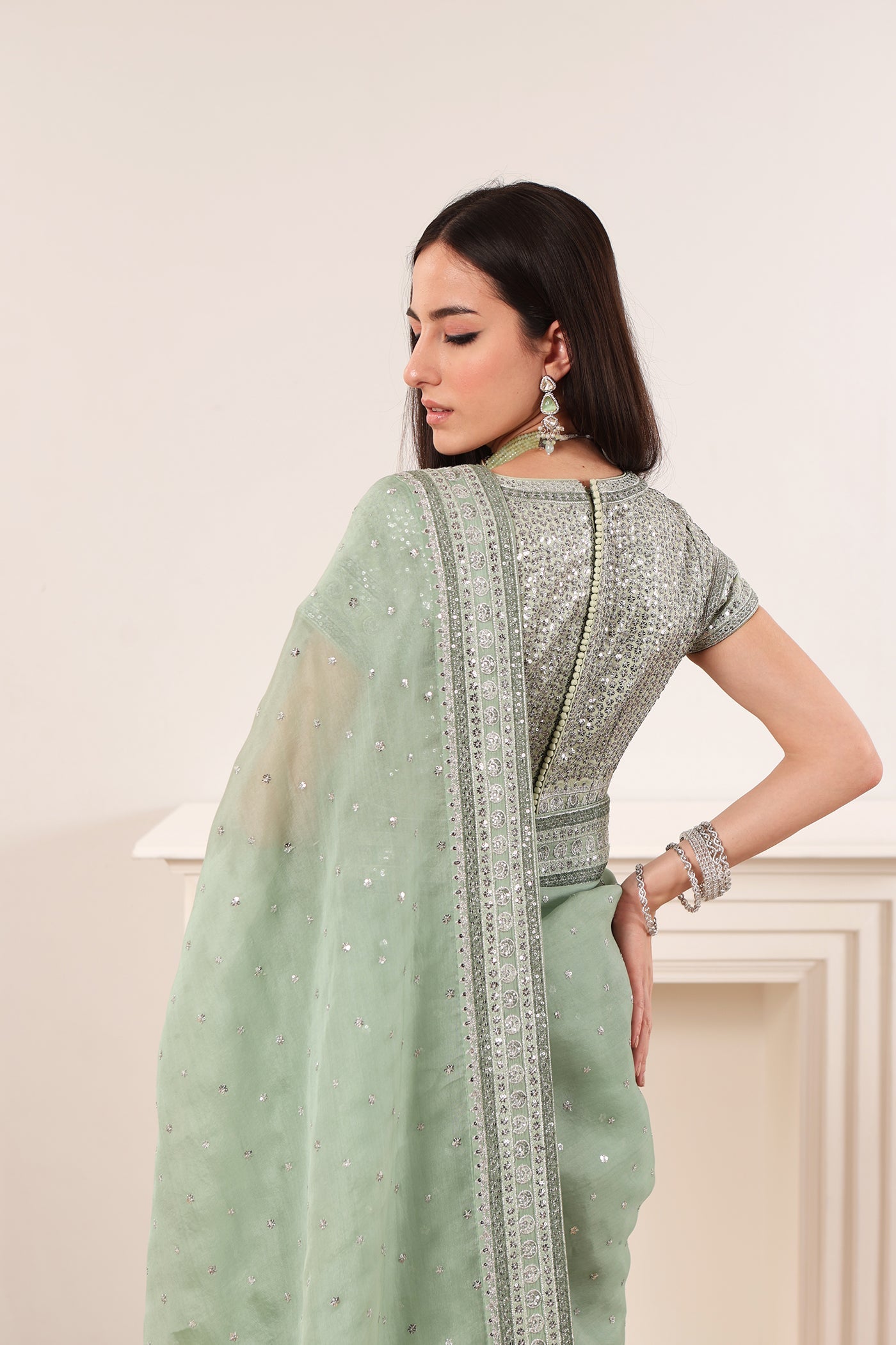 Fern-Green Embroidered Chaand-Buta Pure Silk-Organza Saree-Blouse Set