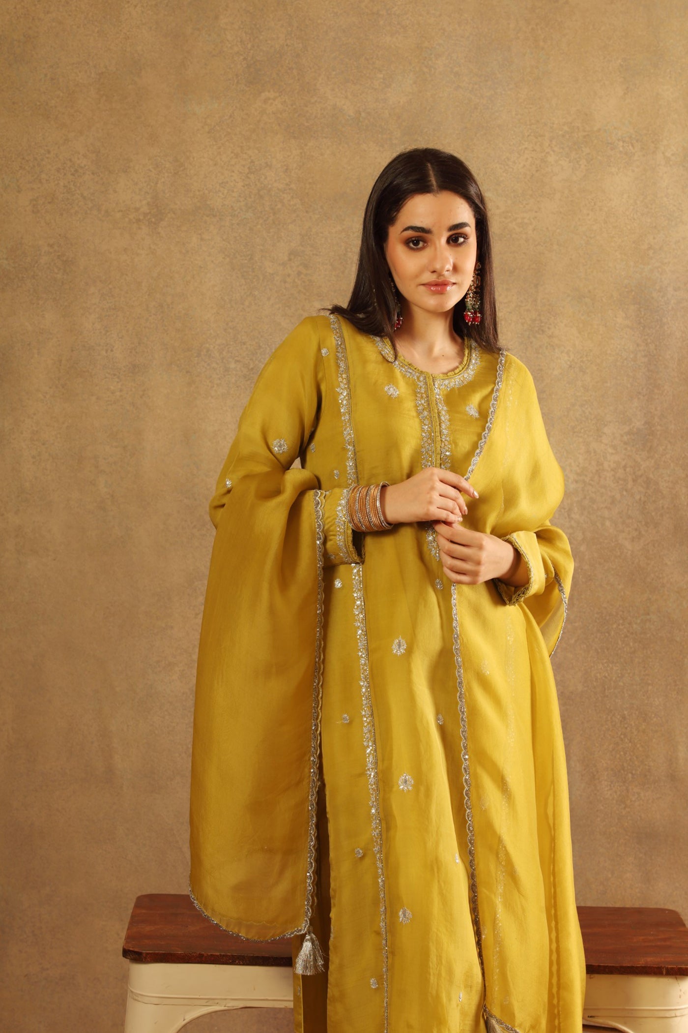 Hand Embroidered Dusty Lime Pure Katan Silk Kurta Pants Set
