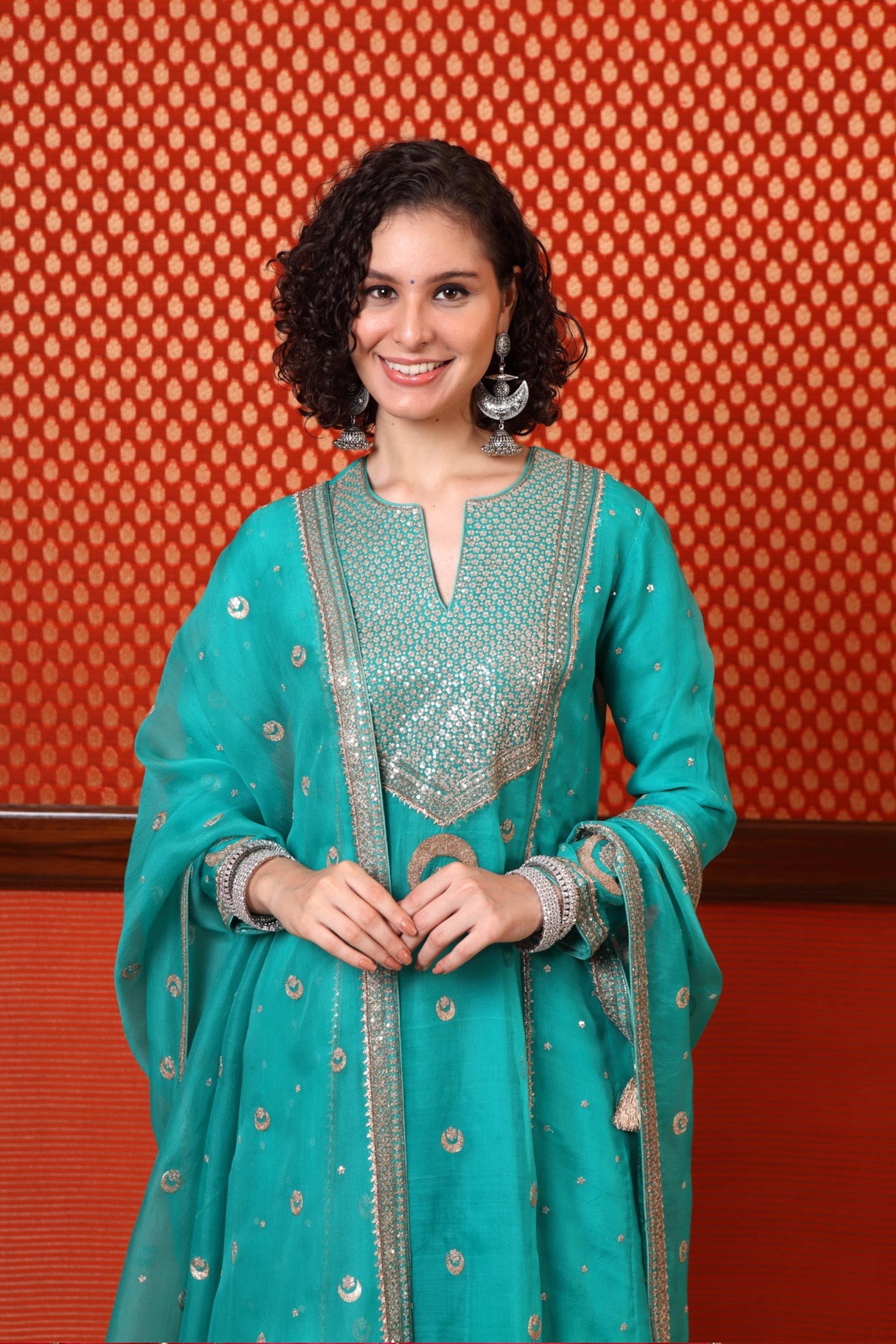 Hand Embroidered Aqua Blue Chand Buta Kurta Sharara Set