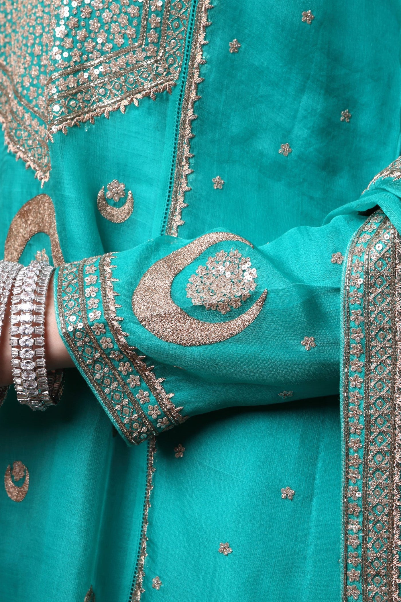 Hand Embroidered Aqua Blue Chand Buta Kurta Sharara Set