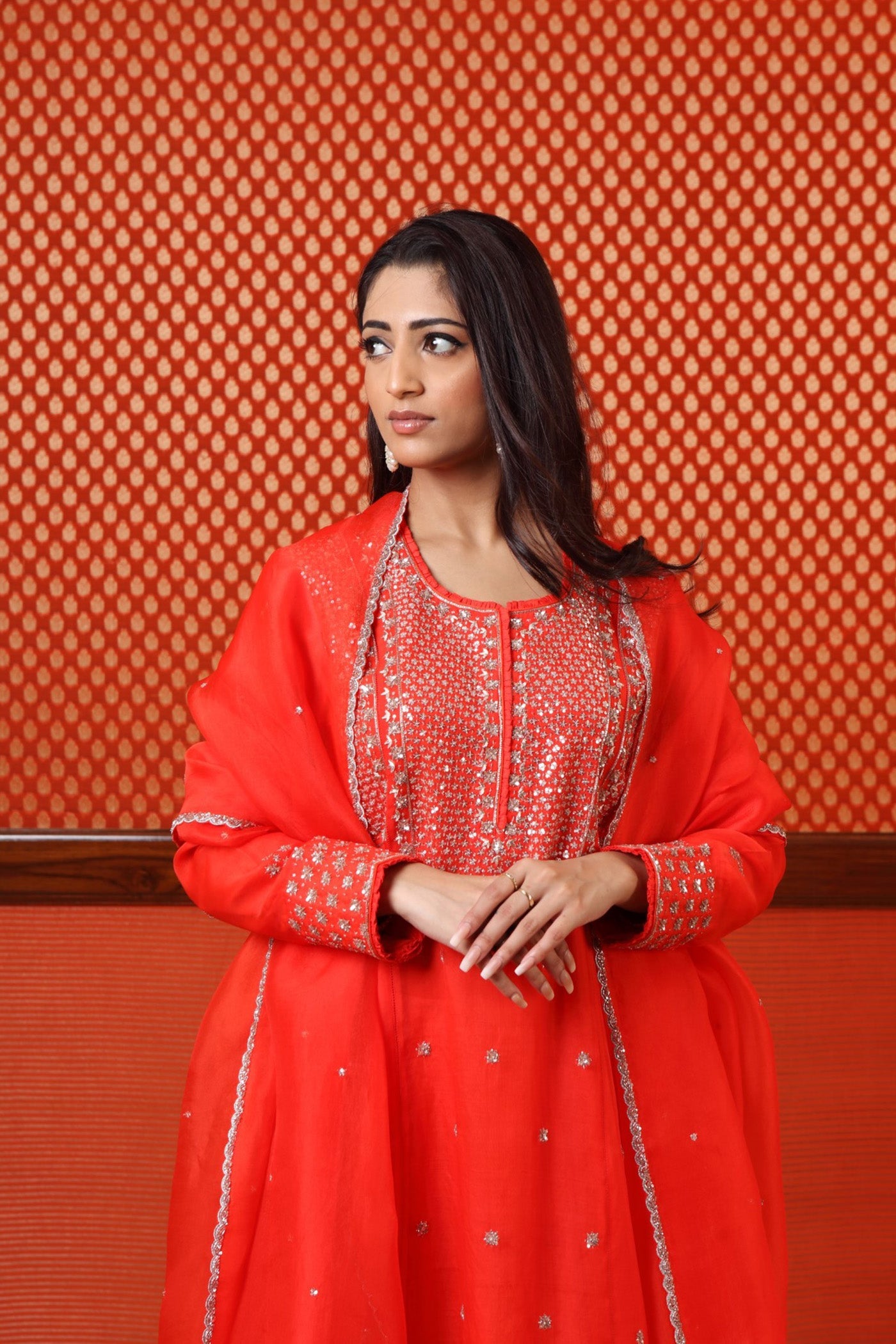 Hand Embroidered Tomato Red Pure Katan Silk Kurta Sharara Set