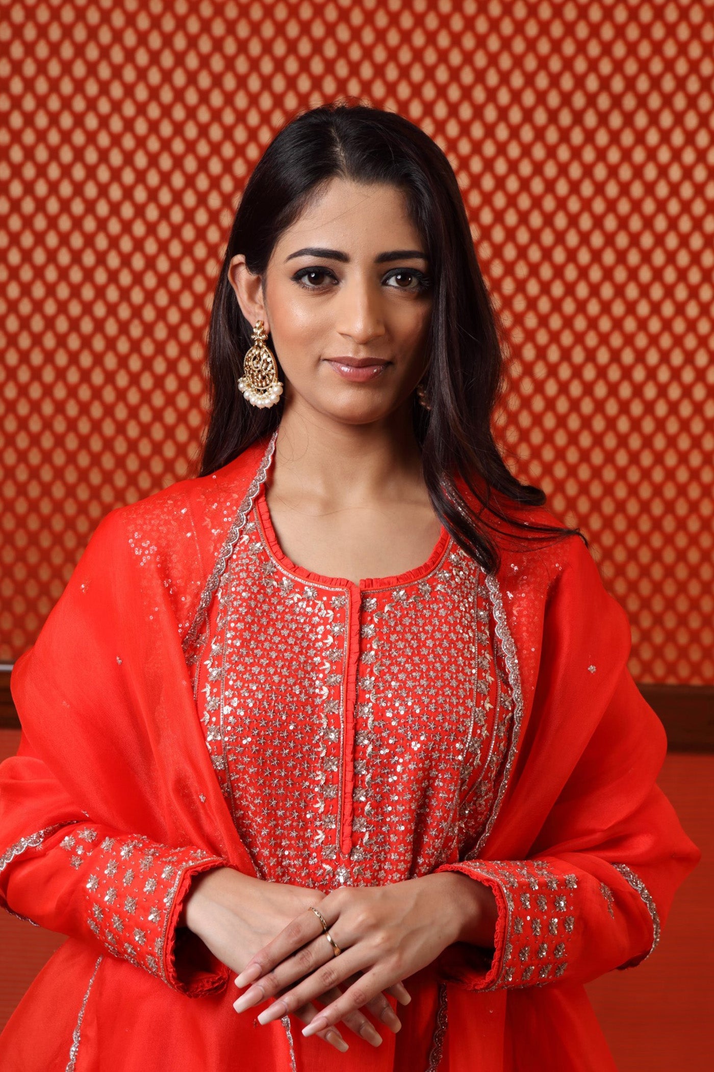 Hand Embroidered Tomato Red Pure Katan Silk Kurta Sharara Set