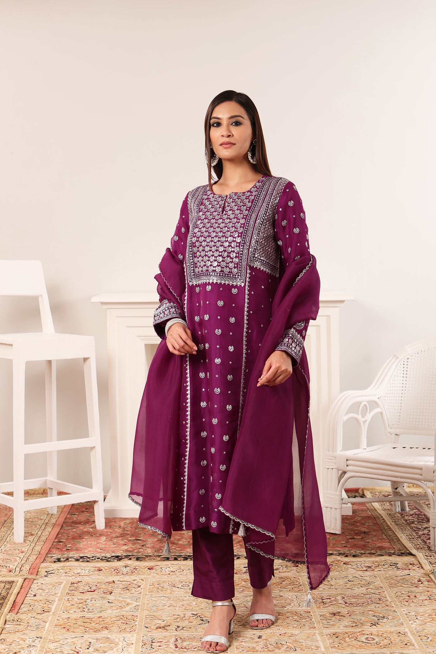 Purple Hand-Embroidered Pure Silk-Organza Kurta-Pants Set