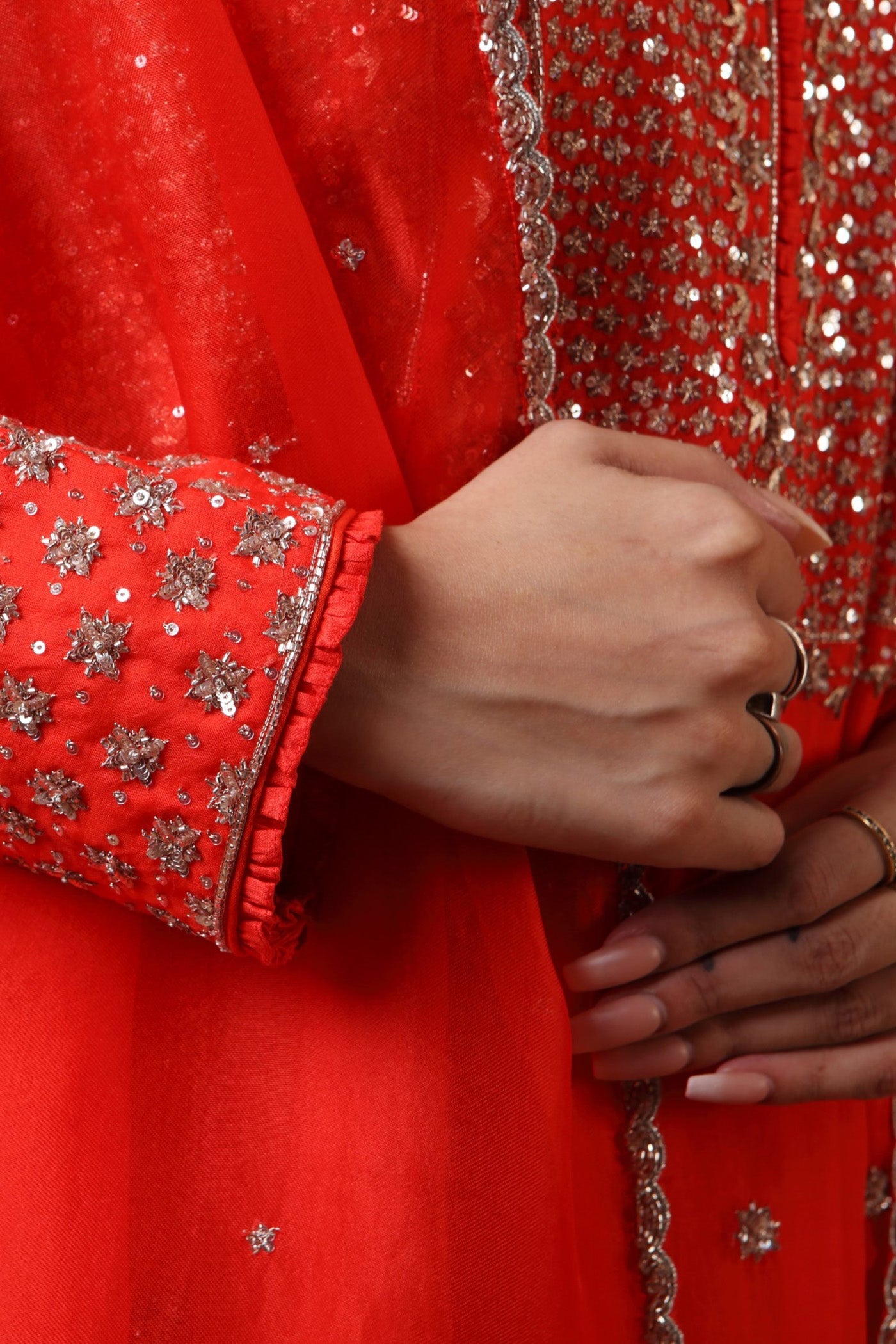 Hand Embroidered Tomato Red Pure Katan Silk Kurta Sharara Set