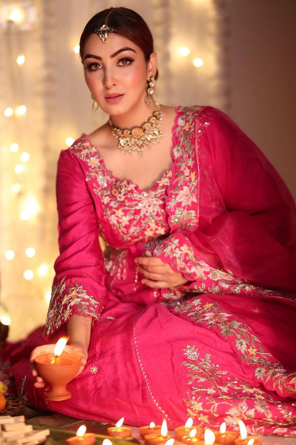 Rani Pink Embroidered Dupion Silk Anarkali Set for Weddings