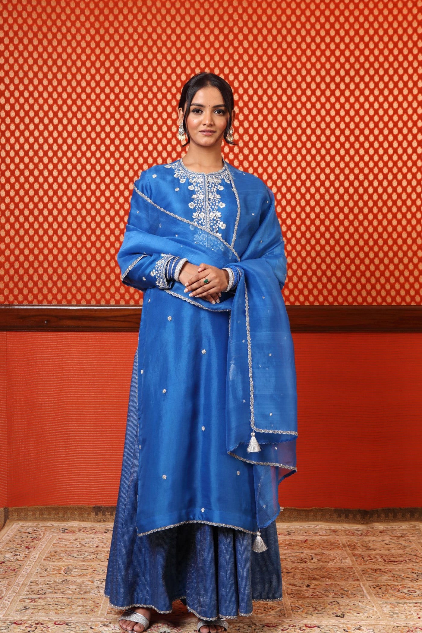 Hand Embroidered Imperial Blue Pure Silk Organza Kurta Palazzo Set