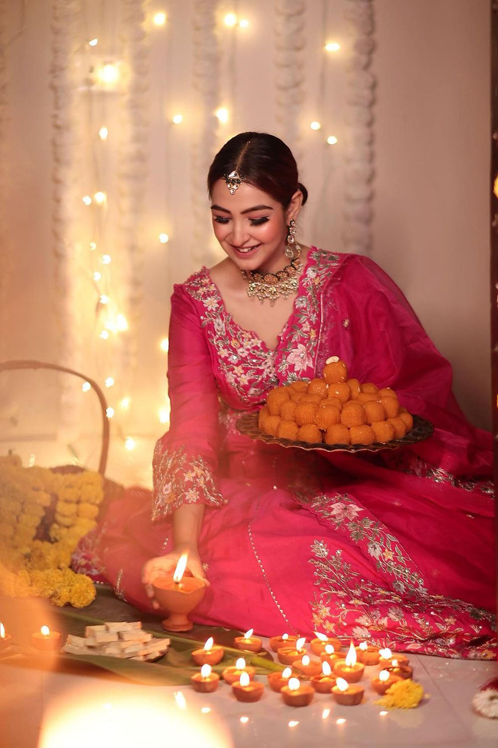 Rani Pink Embroidered Dupion Silk Anarkali Set for Weddings