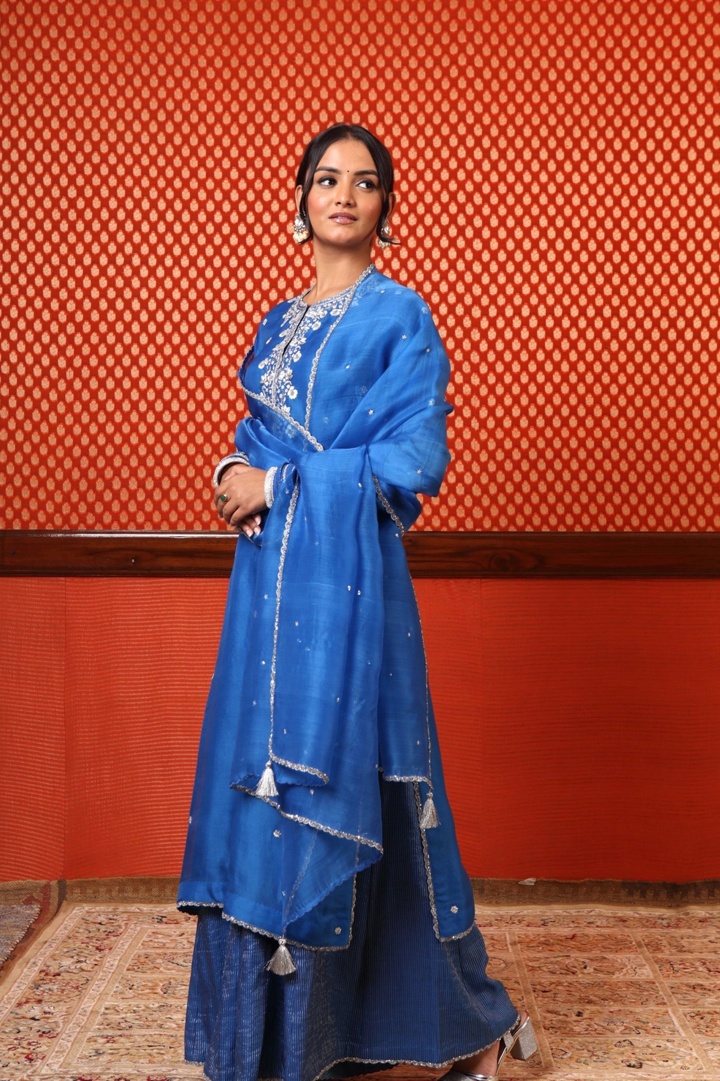 Hand Embroidered Imperial Blue Pure Silk Organza Kurta Palazzo Set