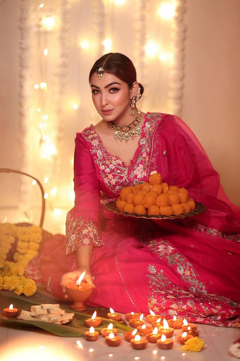 Rani Pink Embroidered Dupion Silk Anarkali Set for Weddings