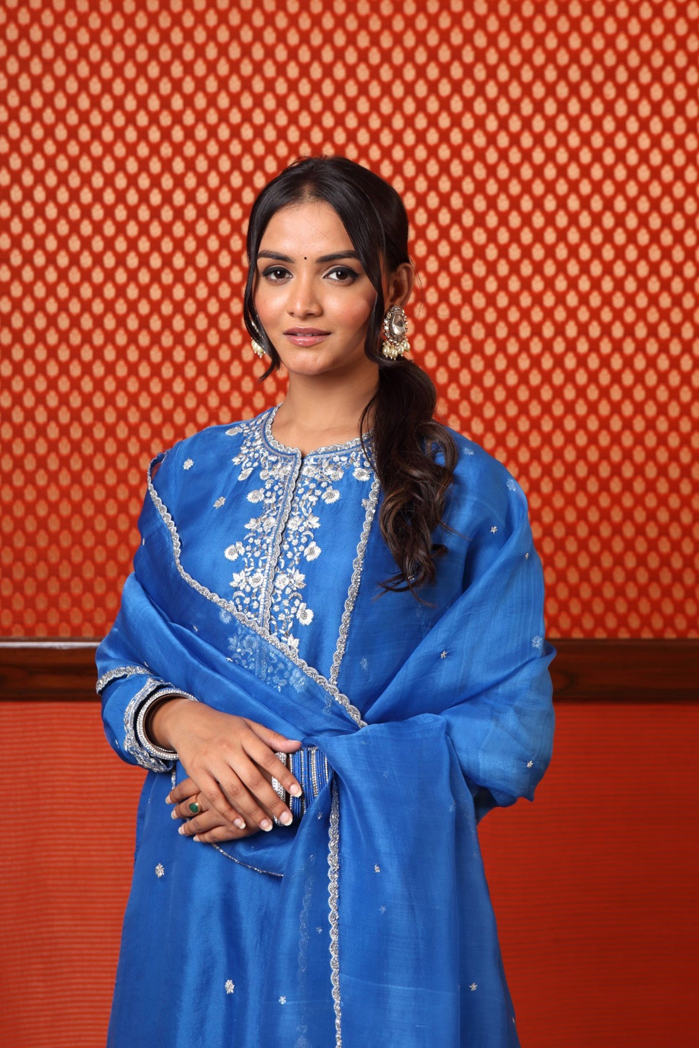 Hand Embroidered Imperial Blue Pure Silk Organza Kurta Palazzo Set