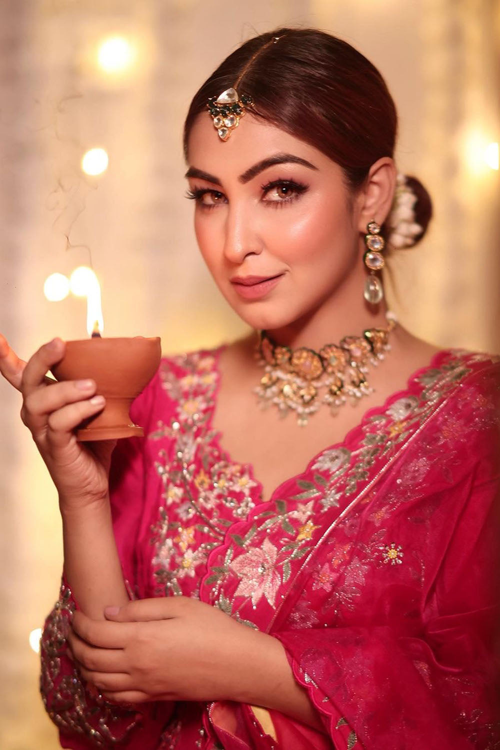 Rani Pink Embroidered Dupion Silk Anarkali Set for Weddings