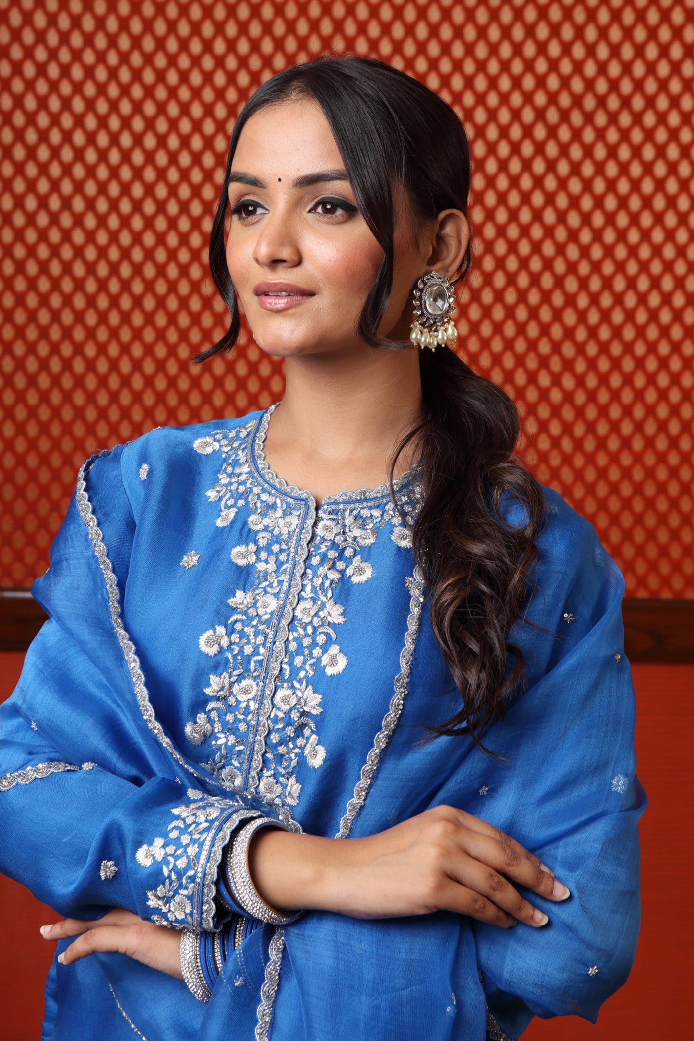 Hand Embroidered Imperial Blue Pure Silk Organza Kurta Palazzo Set