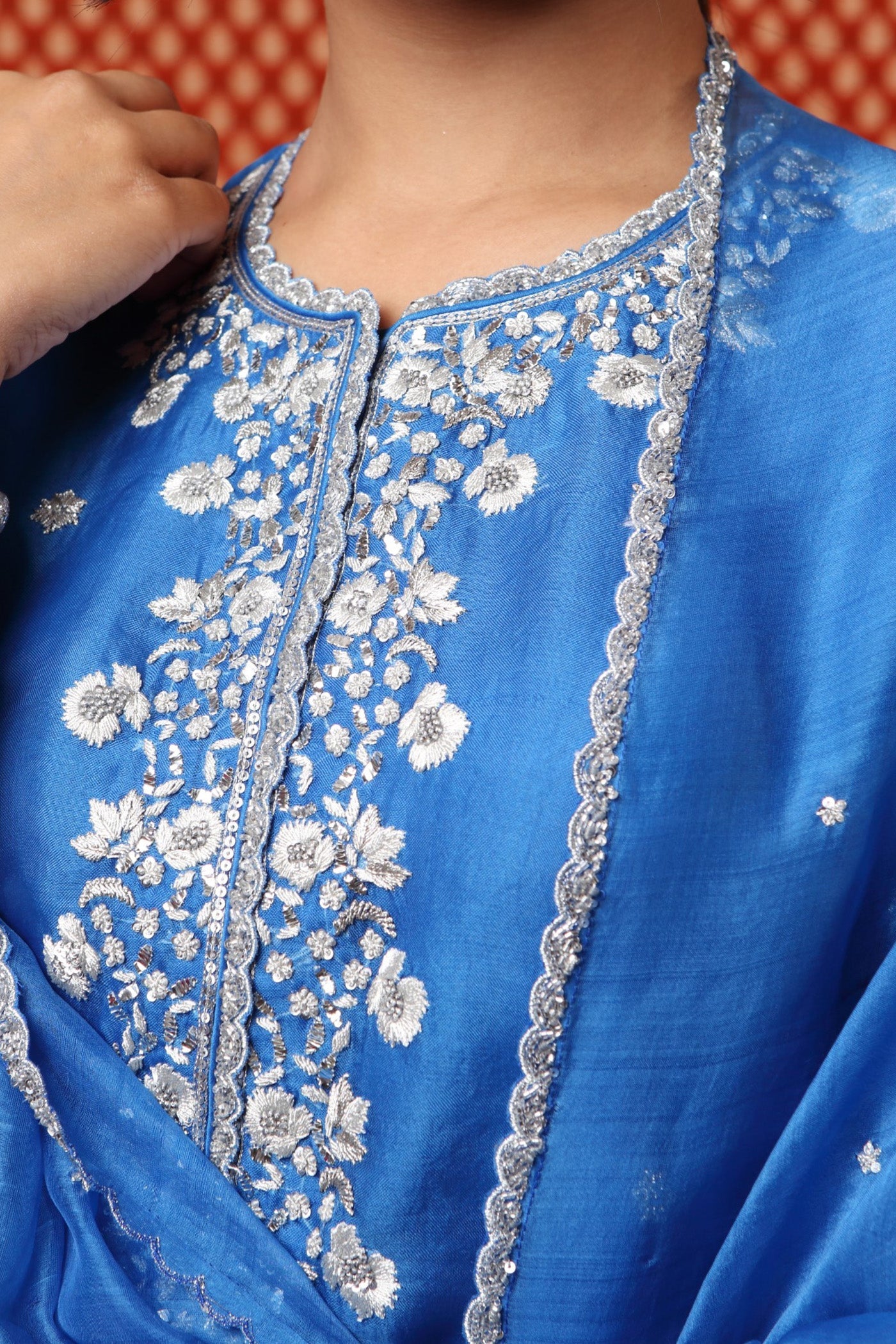 Hand Embroidered Imperial Blue Pure Silk Organza Kurta Palazzo Set