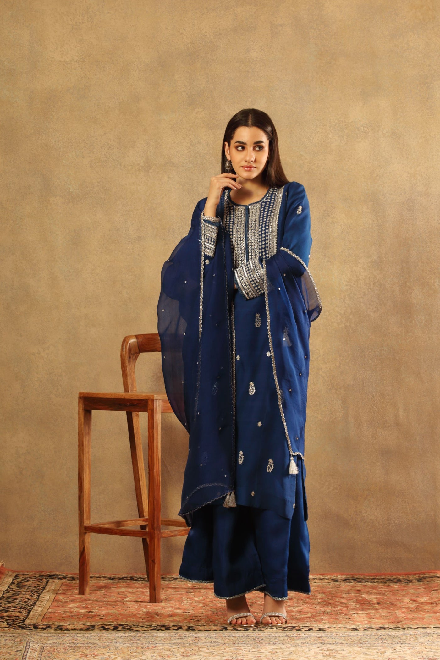 Hand Embroidered Opal Blue Pure Katan Silk Kurta Palazzo Set