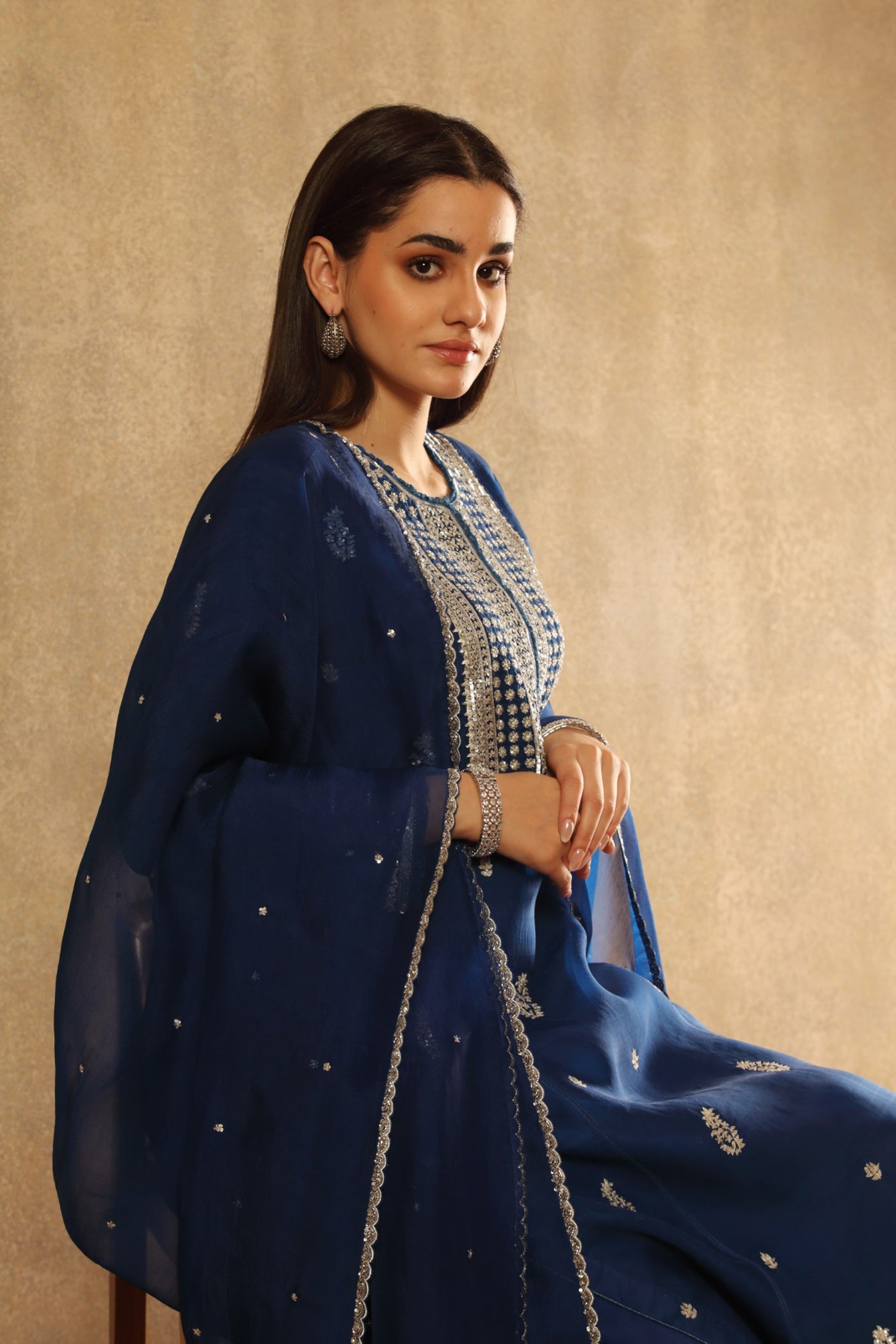 Hand Embroidered Opal Blue Pure Katan Silk Kurta Palazzo Set