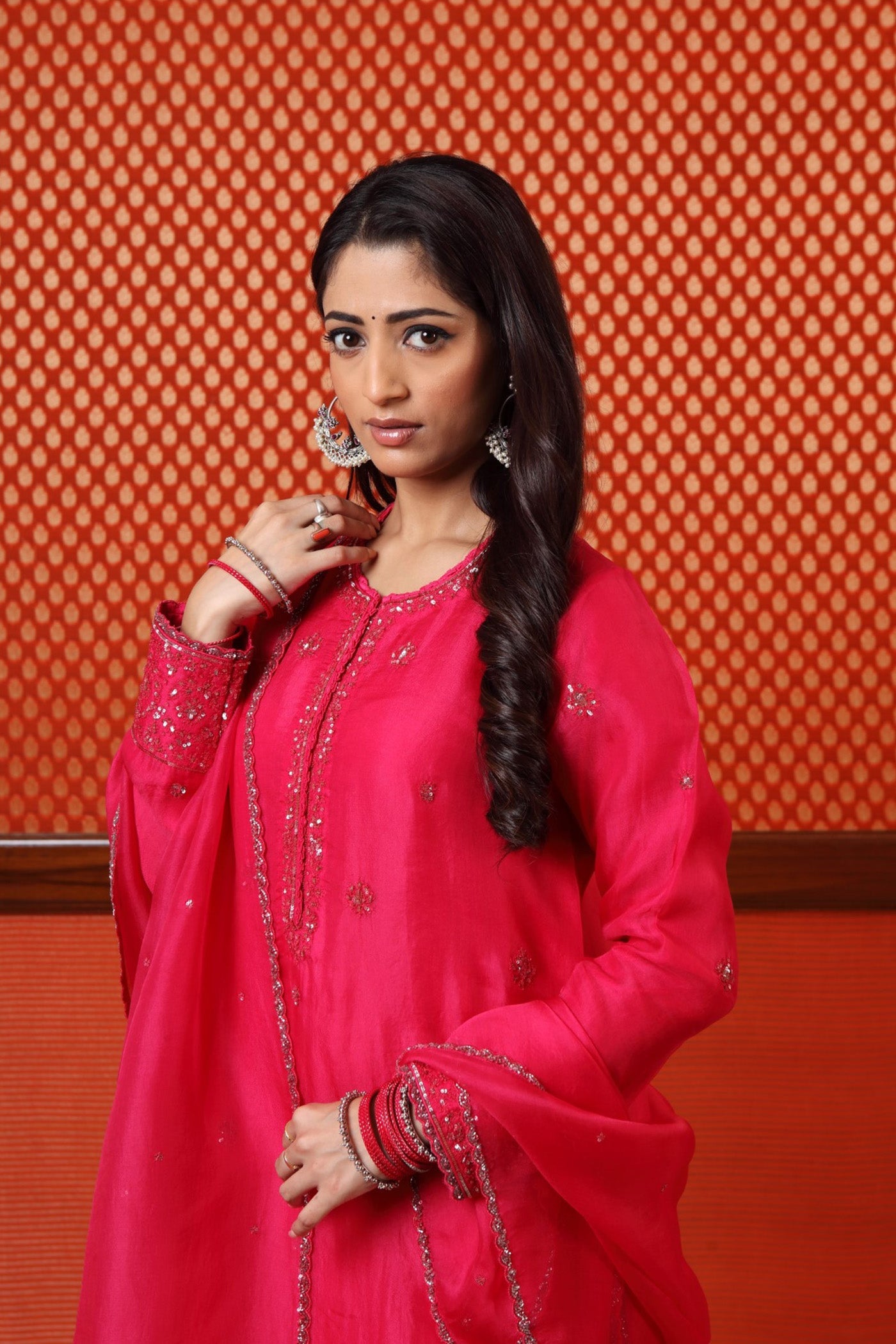 Hand Embroidered Fuchsia Pink Pure Katan Silk Kurta Pants Set