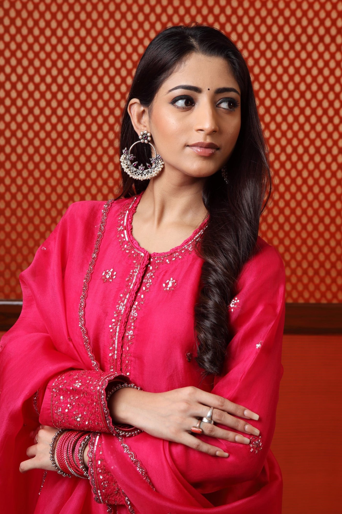 Hand Embroidered Fuchsia Pink Pure Katan Silk Kurta Pants Set