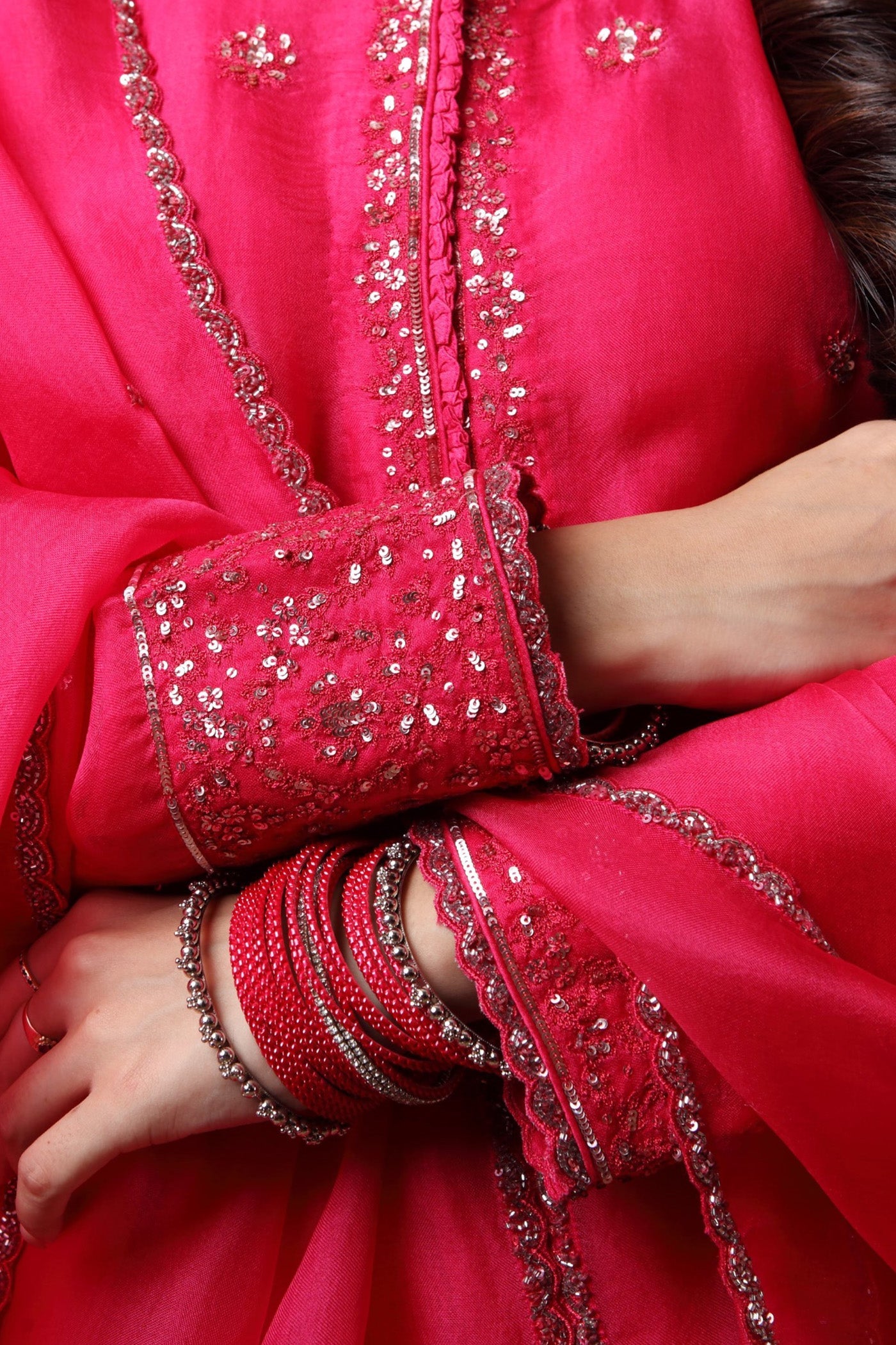 Hand Embroidered Fuchsia Pink Pure Katan Silk Kurta Pants Set