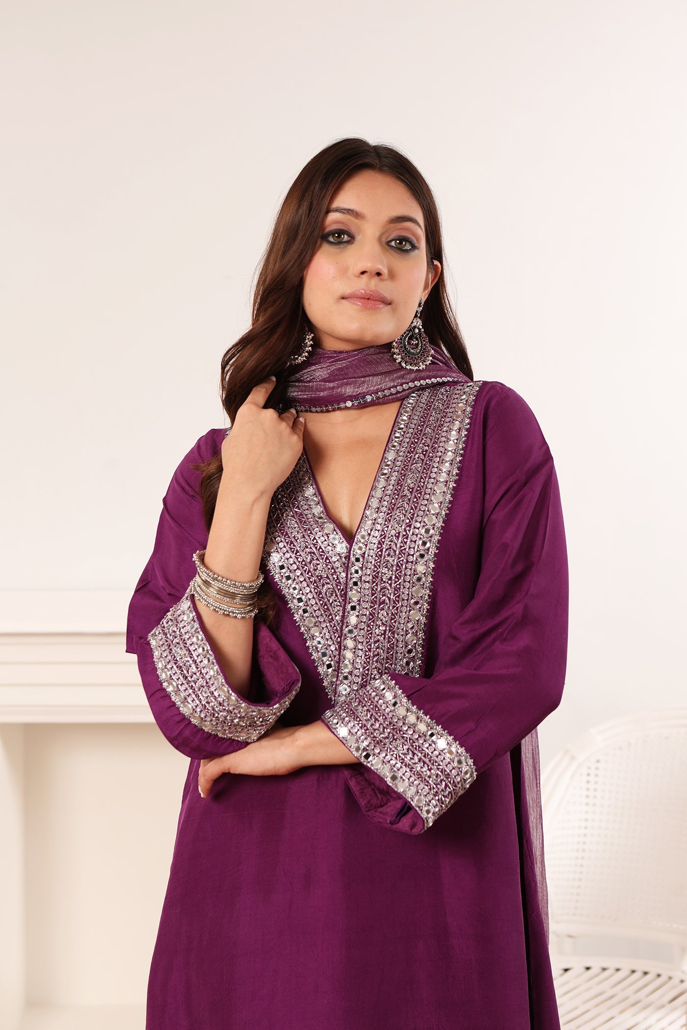 Aubergine Hand-Embroidered Handloom Pure Mulberry-Silk Kurta-Pants Set