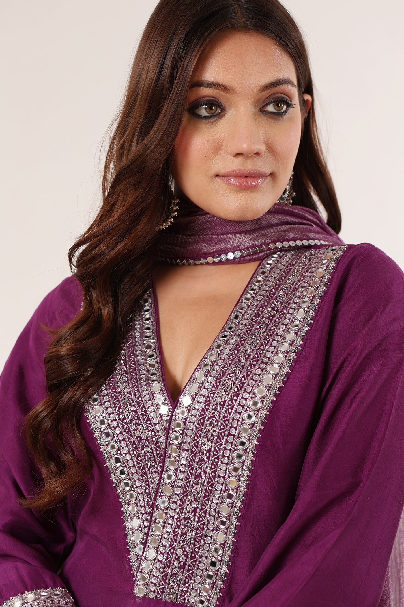 Aubergine Hand-Embroidered Handloom Pure Mulberry-Silk Kurta-Pants Set
