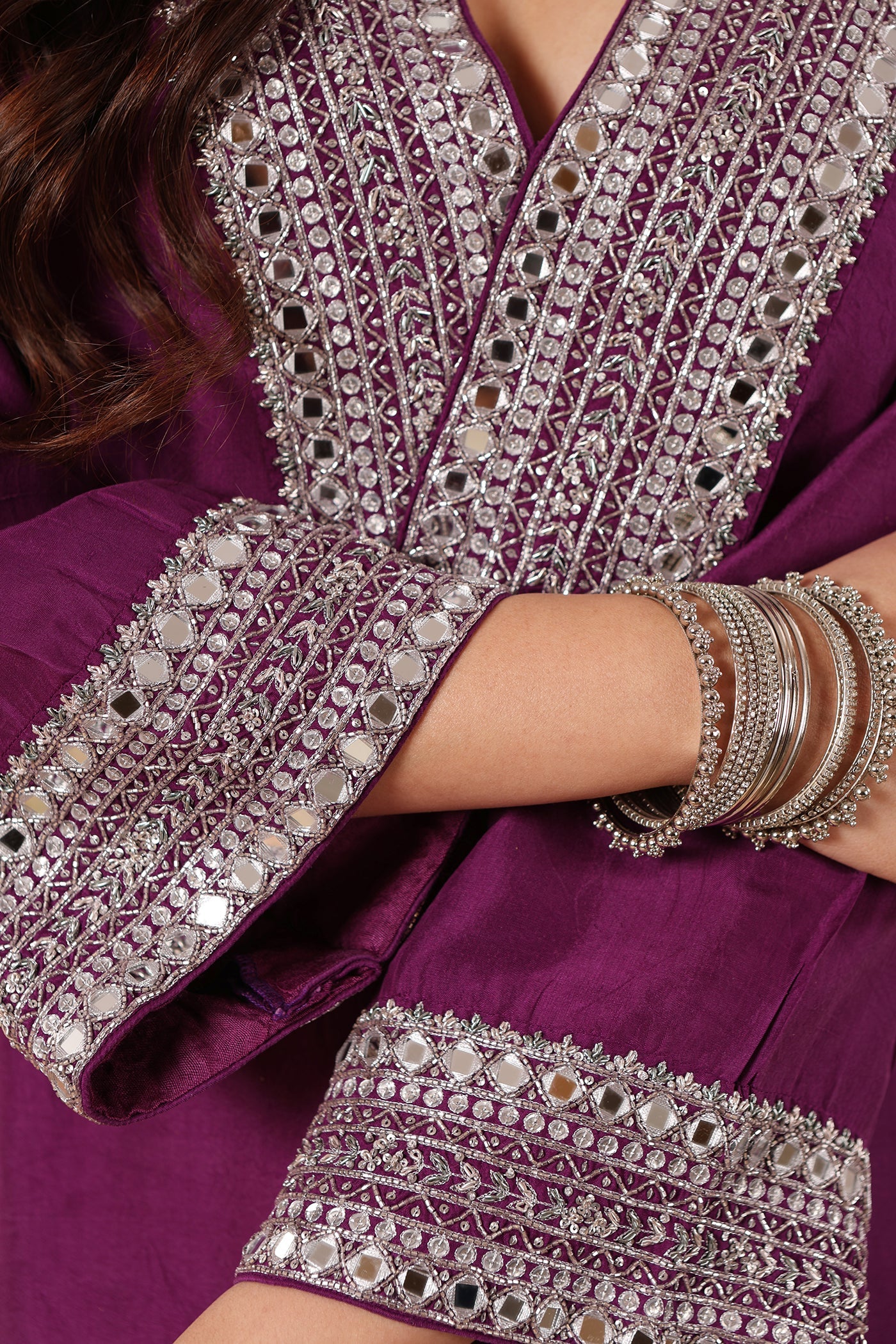 Aubergine Hand-Embroidered Handloom Pure Mulberry-Silk Kurta-Pants Set