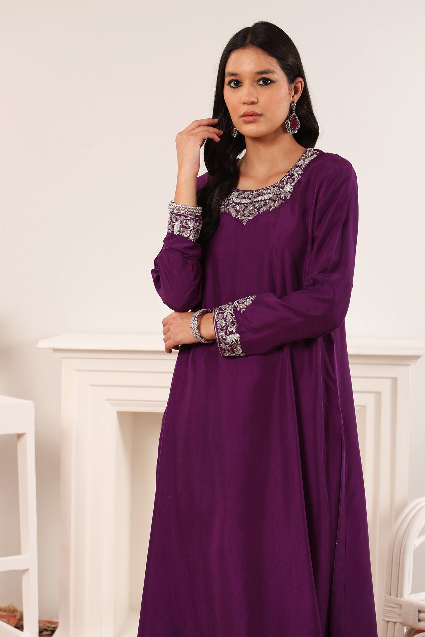 AUBERGINE Hand-Embroidered Pure Heavy Silk Kurta-Pants Set