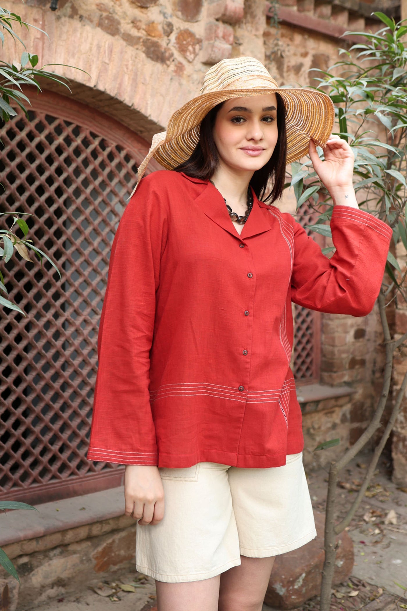 Dusty-Red Handloom Pure Linen-Cotton Collared Front-Open Short Blouse With Thereadwork-Detail