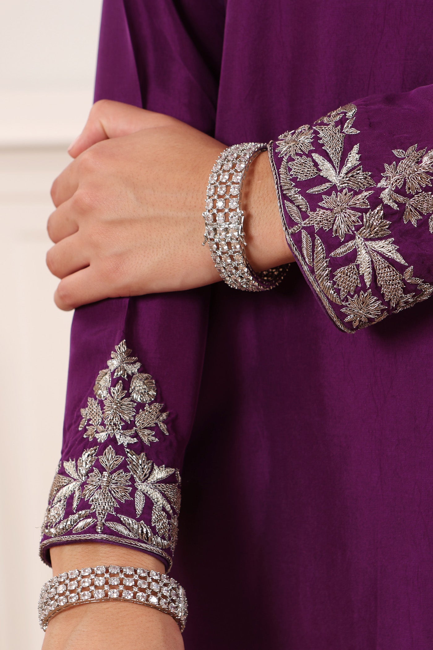 AUBERGINE Hand-Embroidered Pure Heavy Silk Kurta-Pants Set