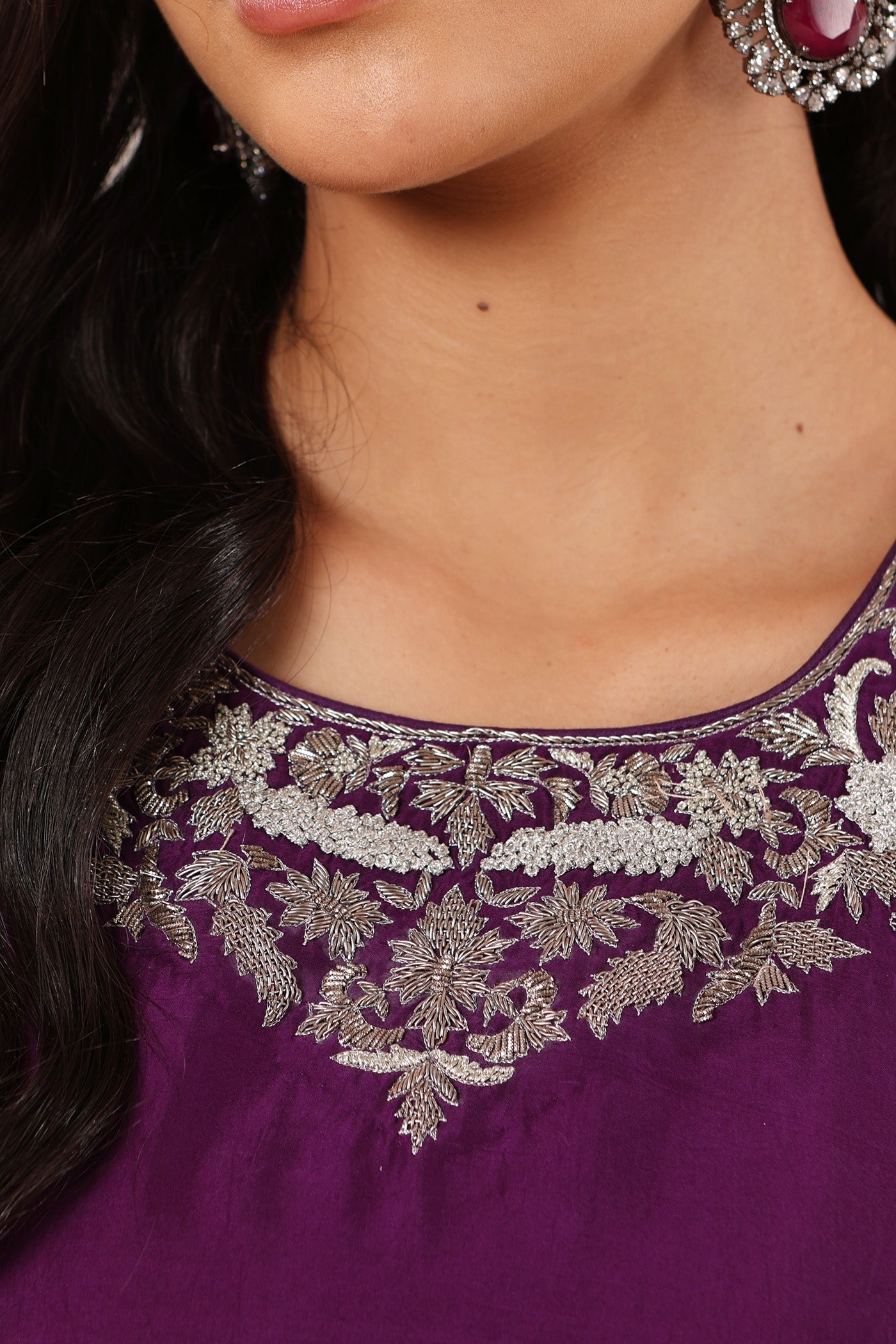AUBERGINE Hand-Embroidered Pure Heavy Silk Kurta-Pants Set