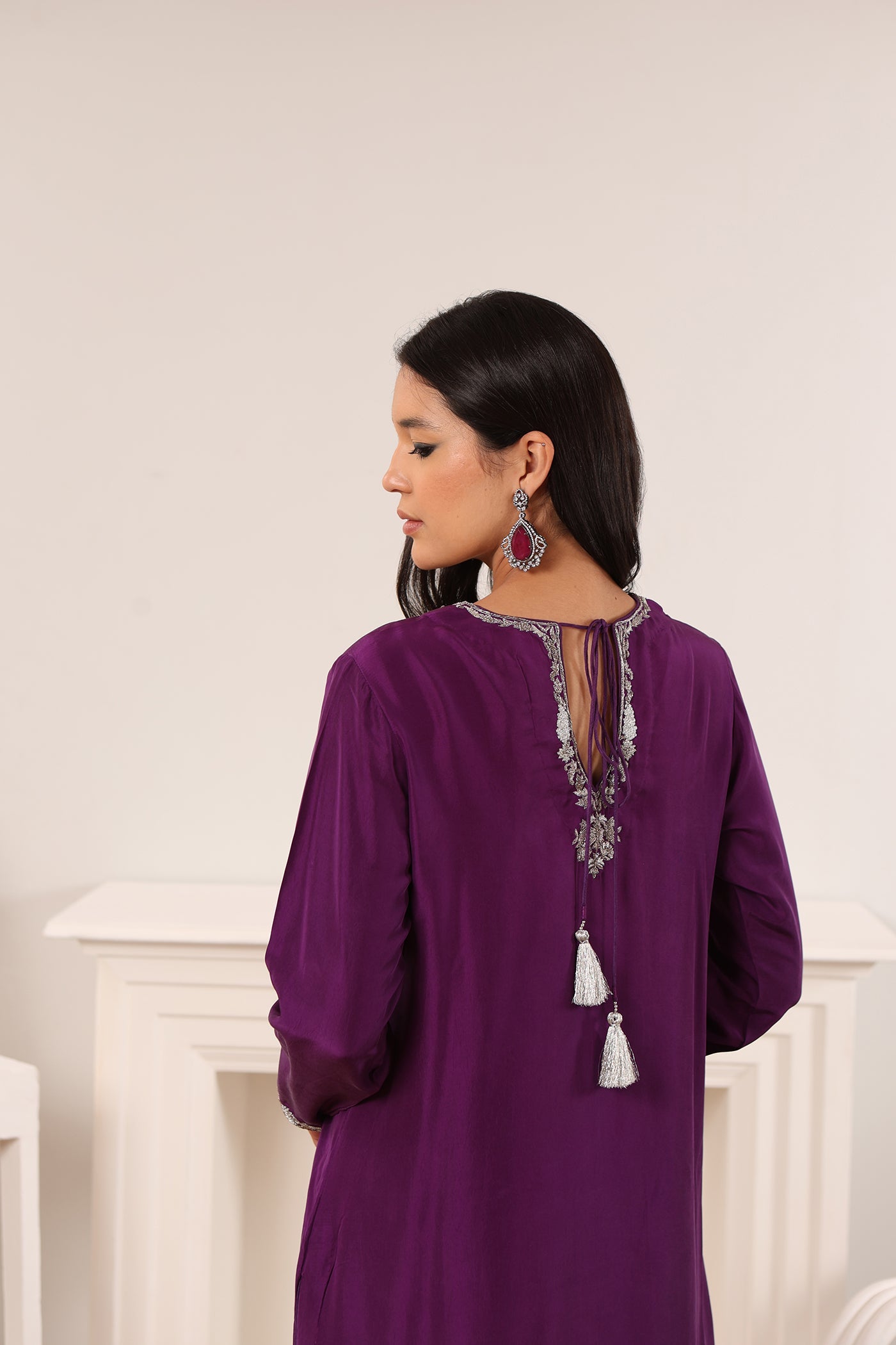 AUBERGINE Hand-Embroidered Pure Heavy Silk Kurta-Pants Set