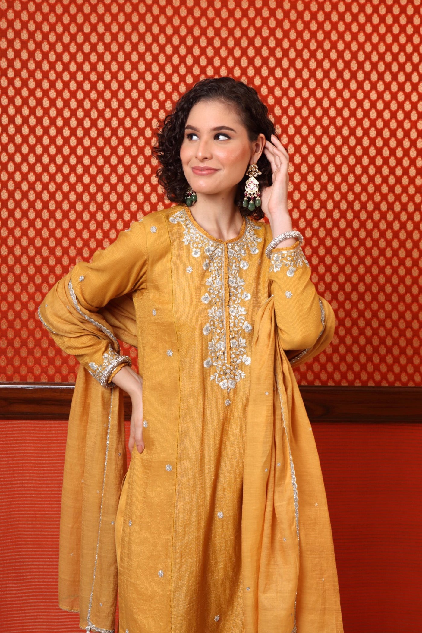 Hand Embroidered Dusty Yellow Pure Silk Cotton Kurta Pants Set