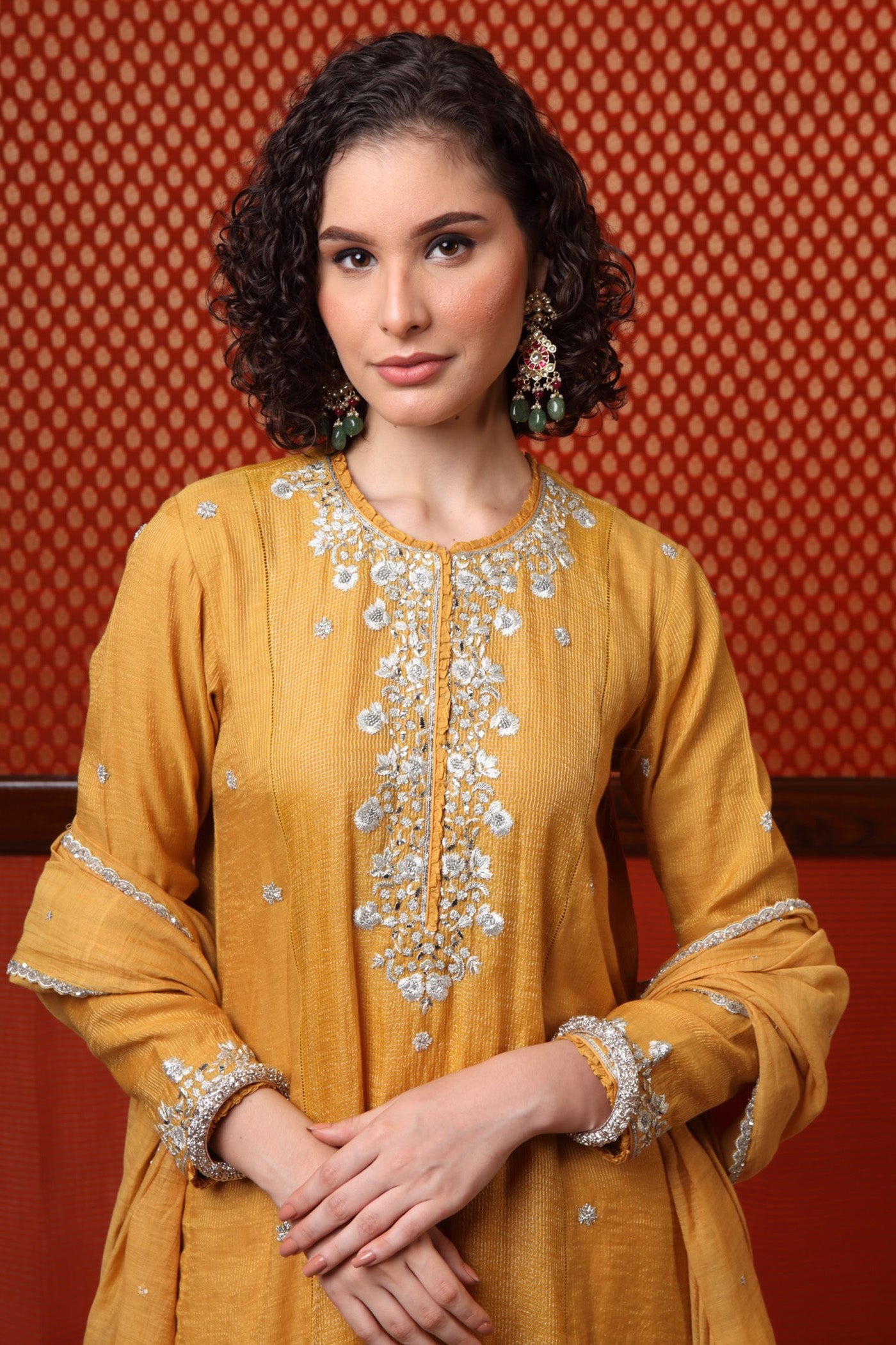 Hand Embroidered Dusty Yellow Pure Silk Cotton Kurta Pants Set