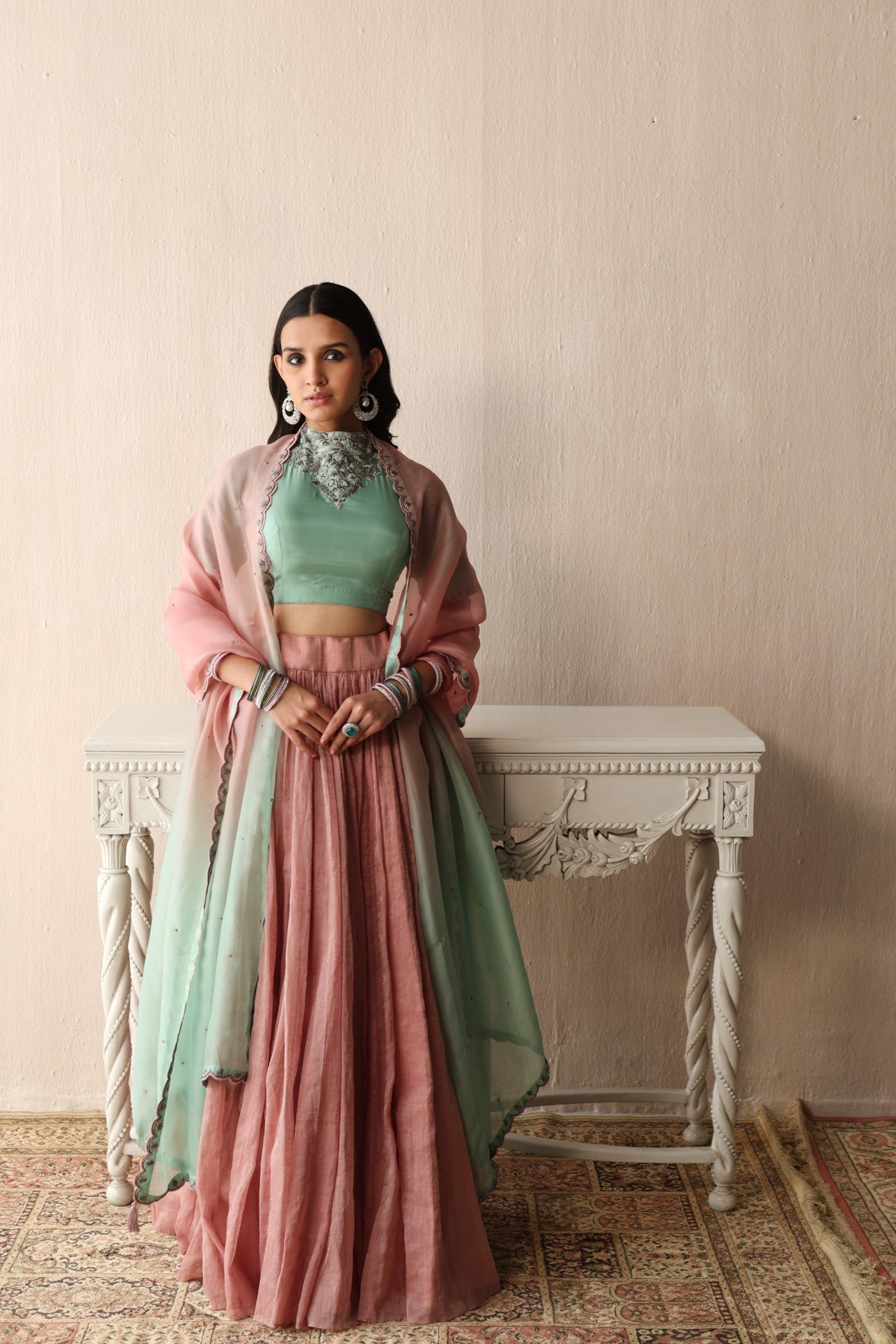 BLOSSOM-PINK HAND-EMBROIDERED PURE SILK-COTTON METALLIC LEHENGA WITH FERN-GREEN PURE SILK BLOUSE PAIRED WITH OMBRE DYED PURE SILK-ORGANZA DUPATTA