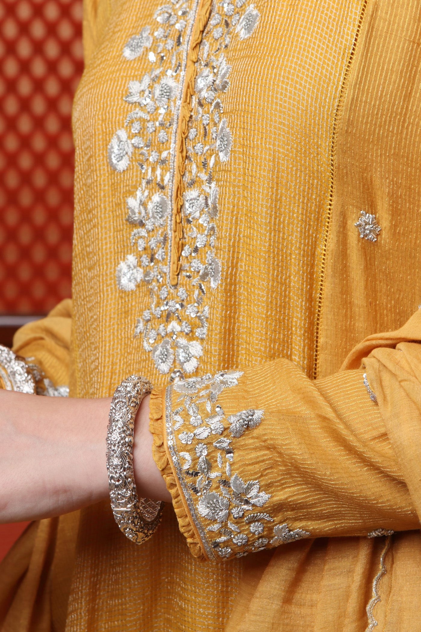 Hand Embroidered Dusty Yellow Pure Silk Cotton Kurta Pants Set