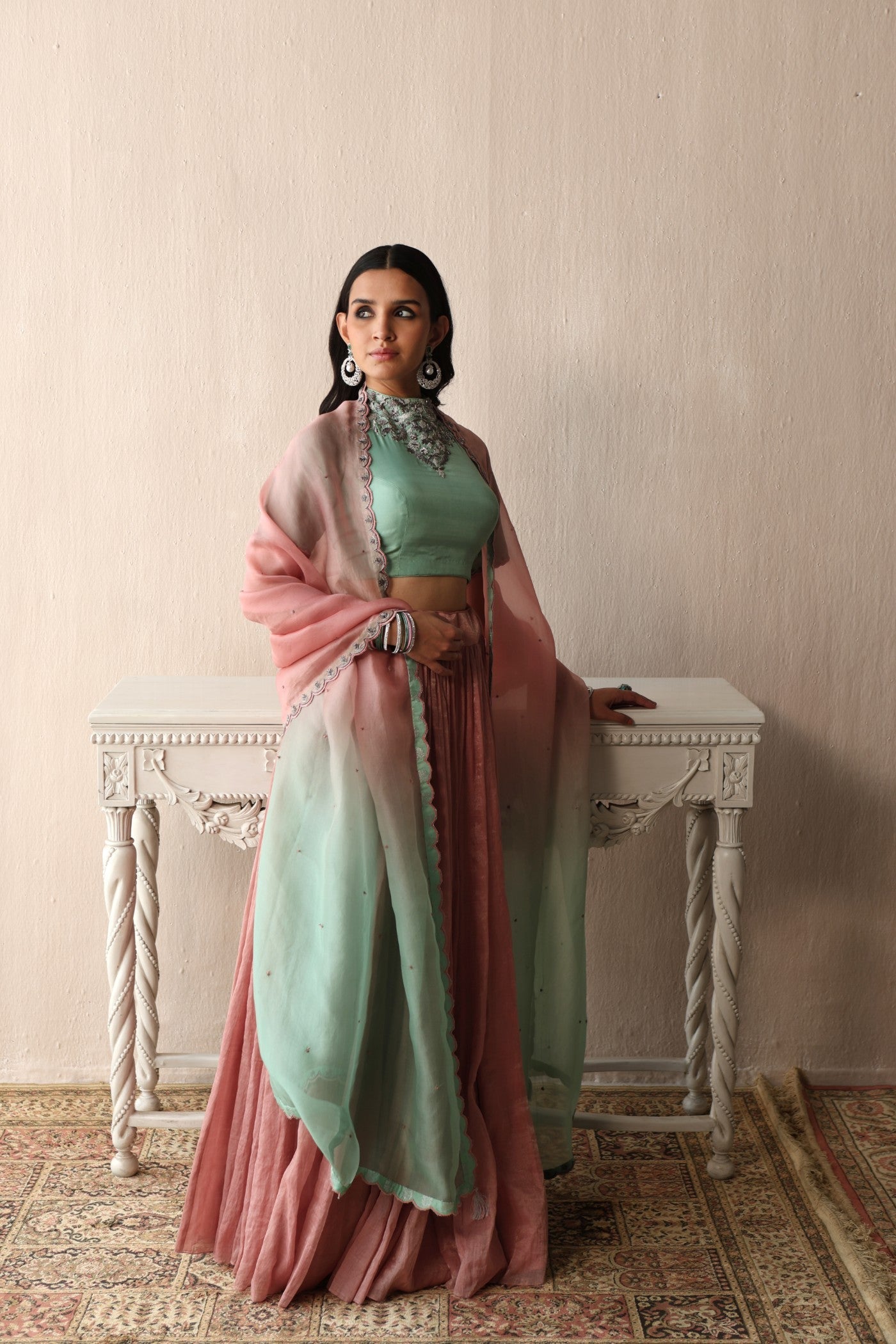 BLOSSOM-PINK HAND-EMBROIDERED PURE SILK-COTTON METALLIC LEHENGA WITH FERN-GREEN PURE SILK BLOUSE PAIRED WITH OMBRE DYED PURE SILK-ORGANZA DUPATTA