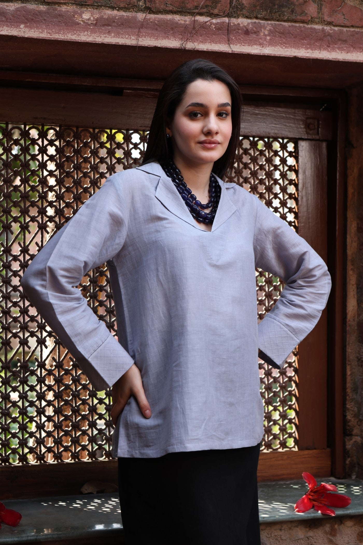 Shadow-Blue Handloom Pure Linen-Cotton Collared Short Tunic With Silk-Cotton Checks Collar And Cuffs