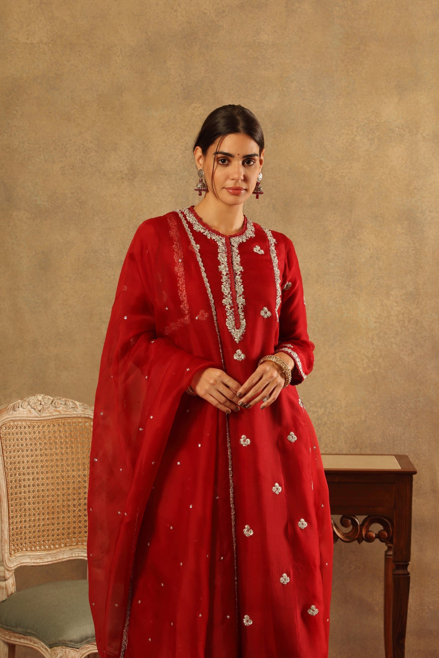 Hand Embroidered Poppy Red Pure Silk Organza Kurta Pants Set