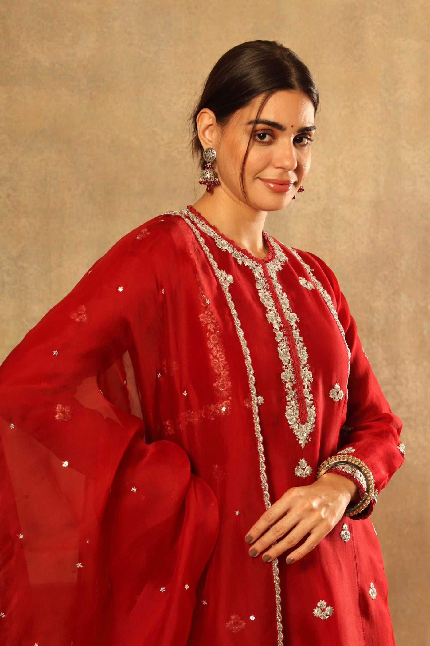 Hand Embroidered Poppy Red Pure Silk Organza Kurta Pants Set