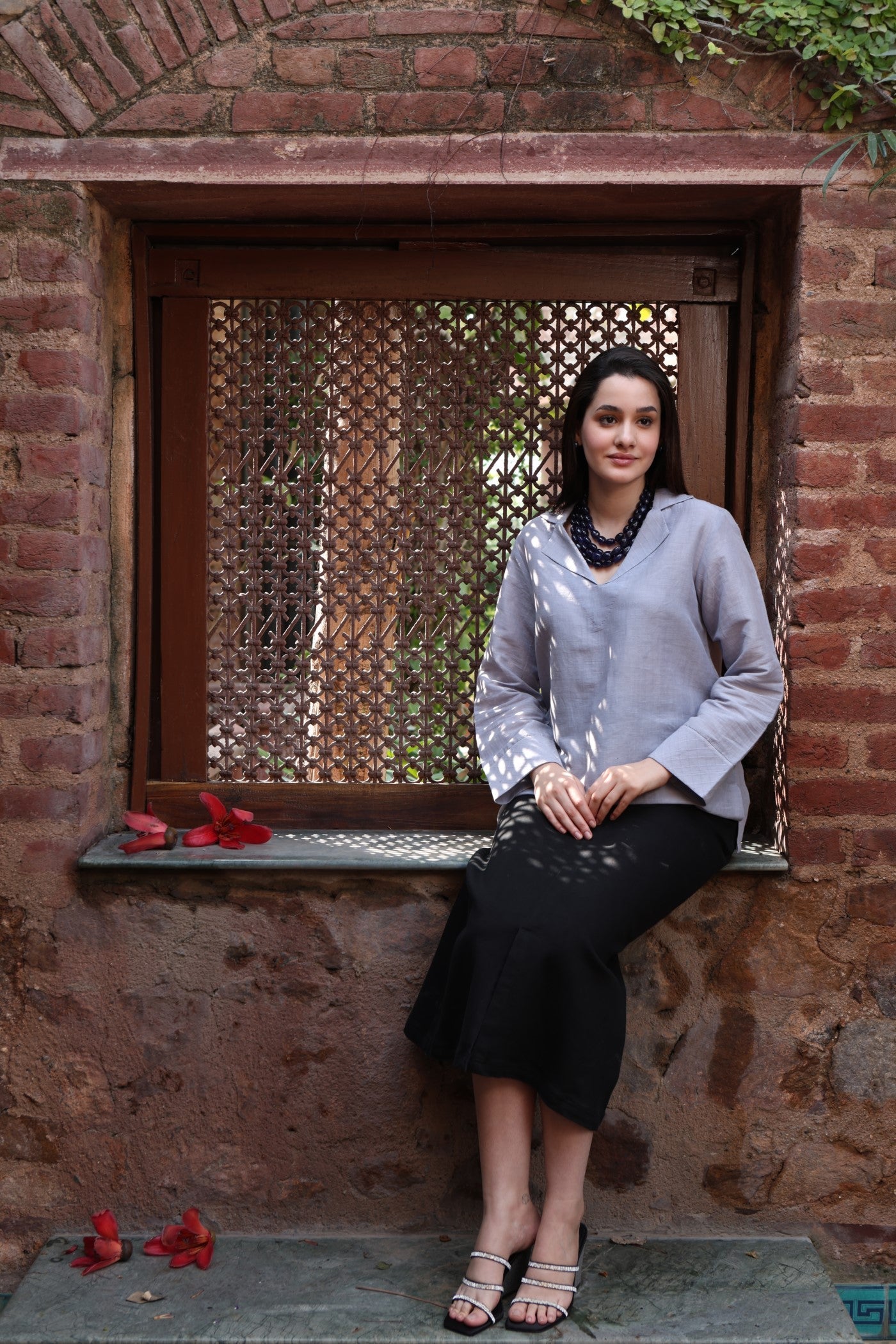 Shadow-Blue Handloom Pure Linen-Cotton Collared Short Tunic With Silk-Cotton Checks Collar And Cuffs