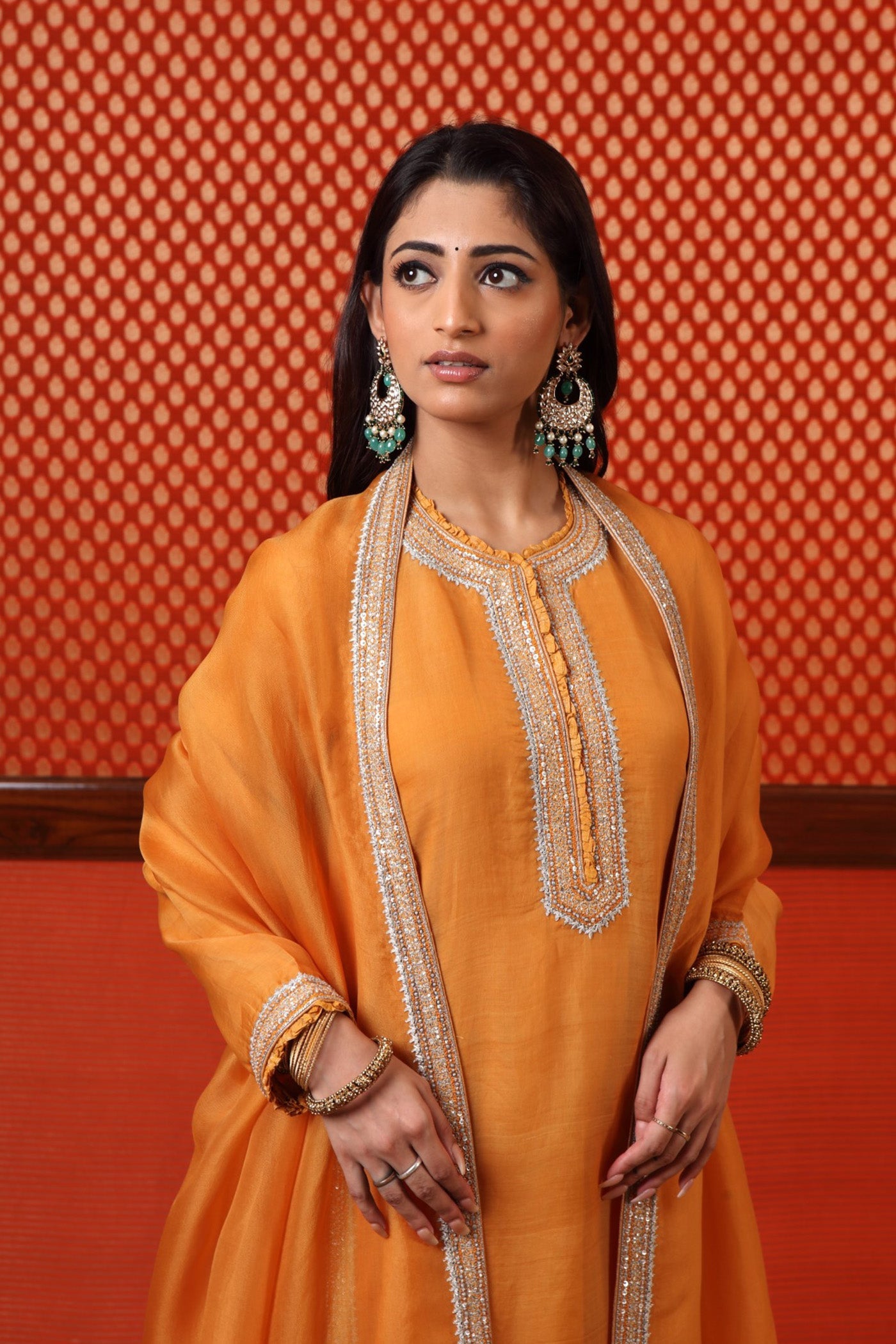 Hand Embroidered Mango Yellow Pure Katan Silk Kurta Pants Set