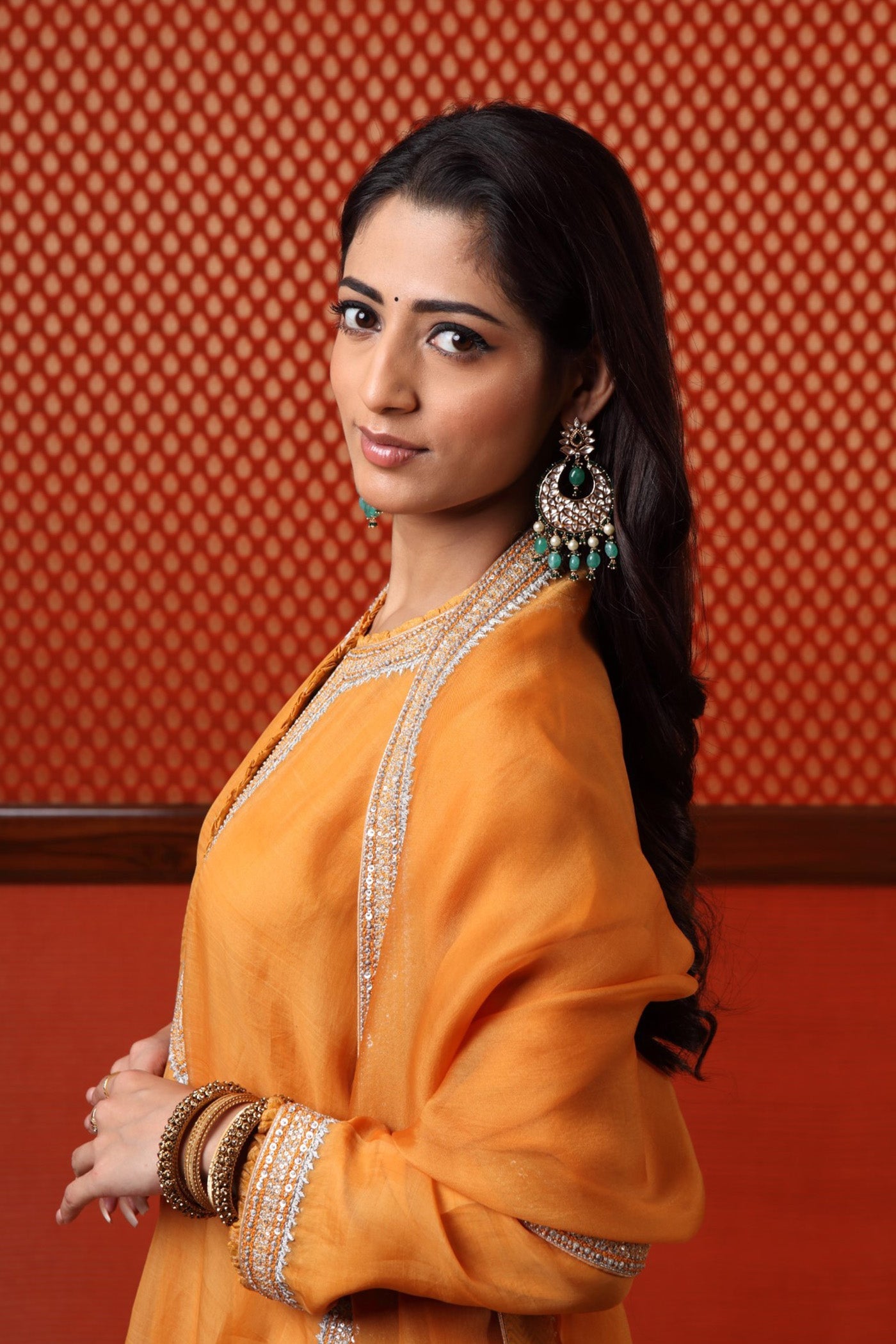 Hand Embroidered Mango Yellow Pure Katan Silk Kurta Pants Set